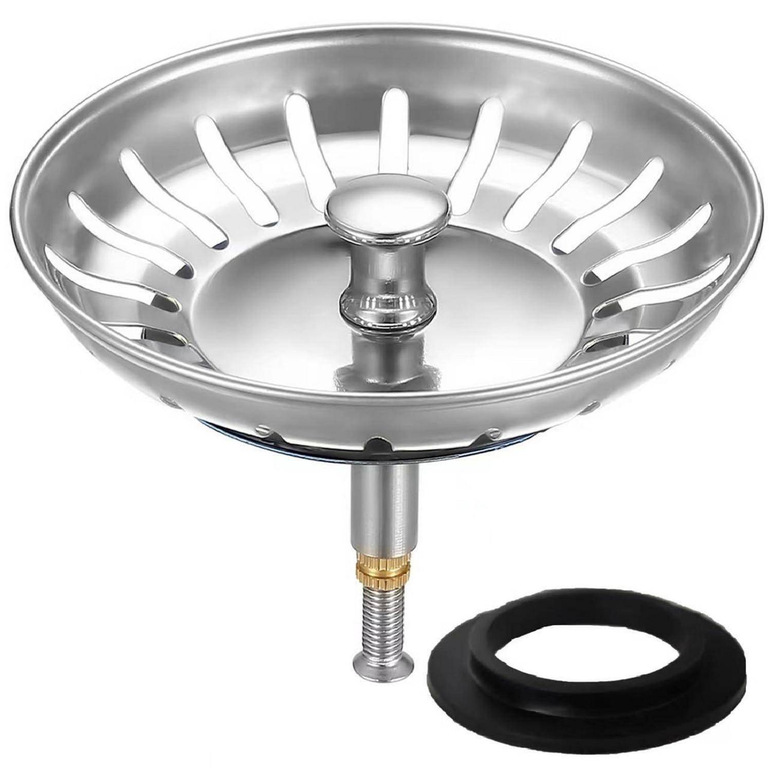 Edelstahl-Spülbeckensieb mit Mittelpfosten und schwarzem Gummi-Dichtungsring.