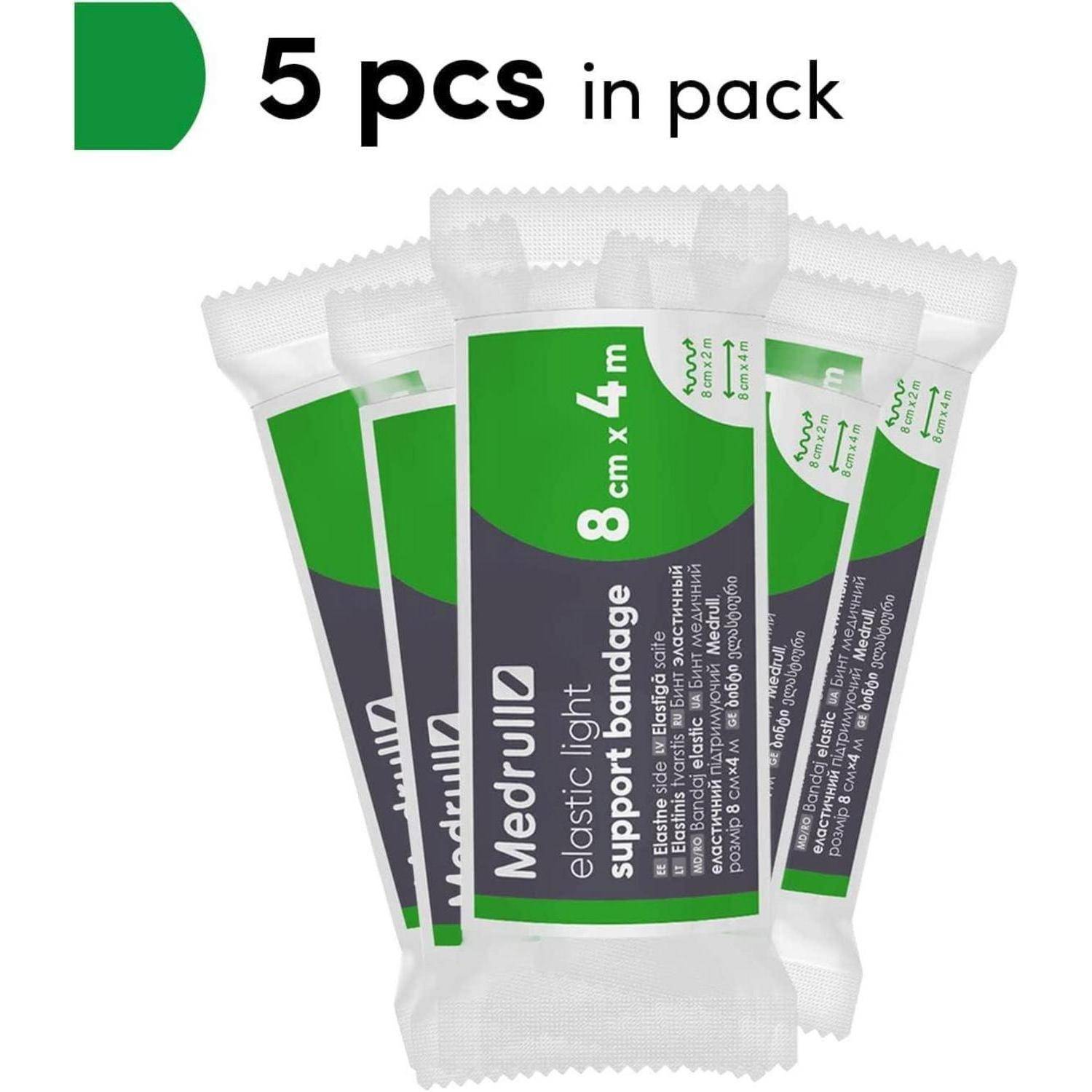 Fünfer-Pack Medrull elastische leichte Stützverbände, 8 cm x 4 m, in grün-weißer Verpackung.