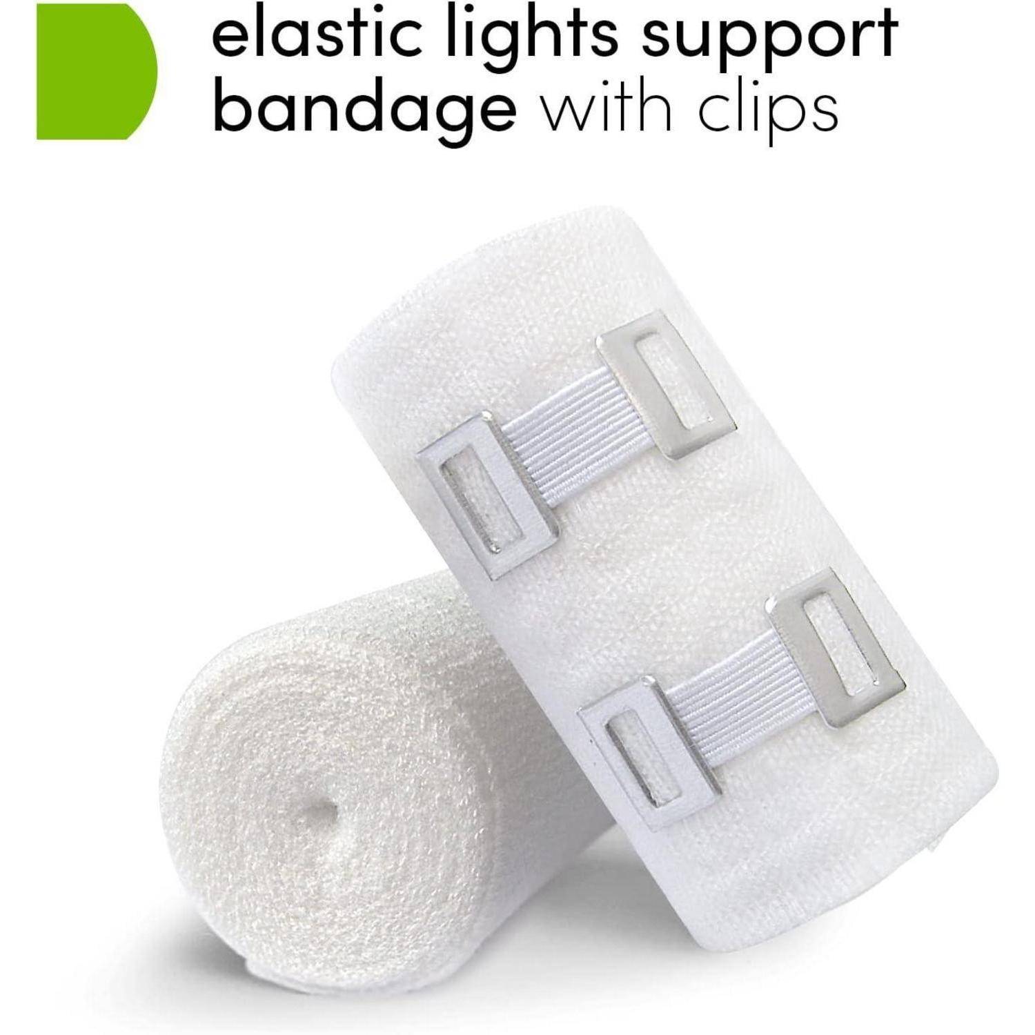 Weiße elastische Stützbinde mit Clips, dargestellt als aufgerollte Binde und als gesichertes Wickel mit der Beschriftung „elastische Stützbinde mit Clips".