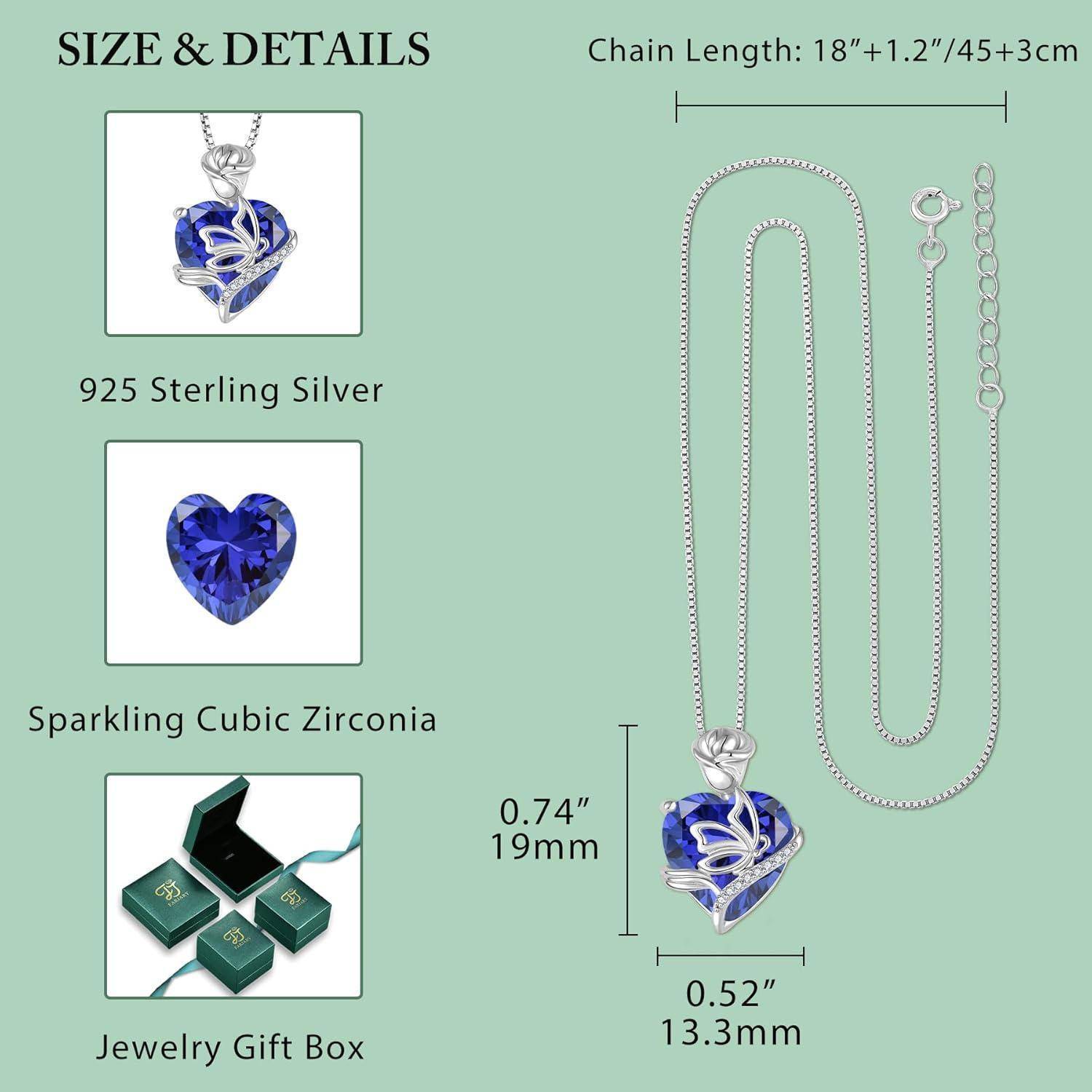 Produktdetail-Grafik für eine silberne Halskette mit blauem Herz-Anhänger: 925er Sterlingsilber, funkelnde kubische Zirkonia, 45,7+3,05 cm Kette, Anhänger 1,88 x 1,32 cm, Geschenkbox enthalten.