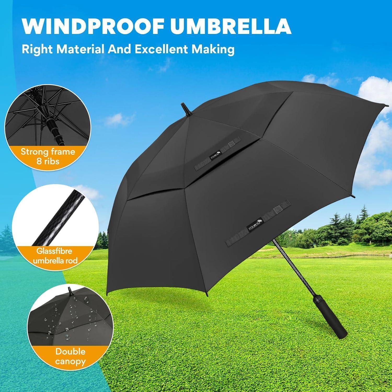 Werbebild eines schwarzen windsicheren Regenschirms auf Gras unter blauem Himmel, mit Beschriftungen für starkes 8-Rippen-Gestell, Glasfaserstab und Doppeldach.