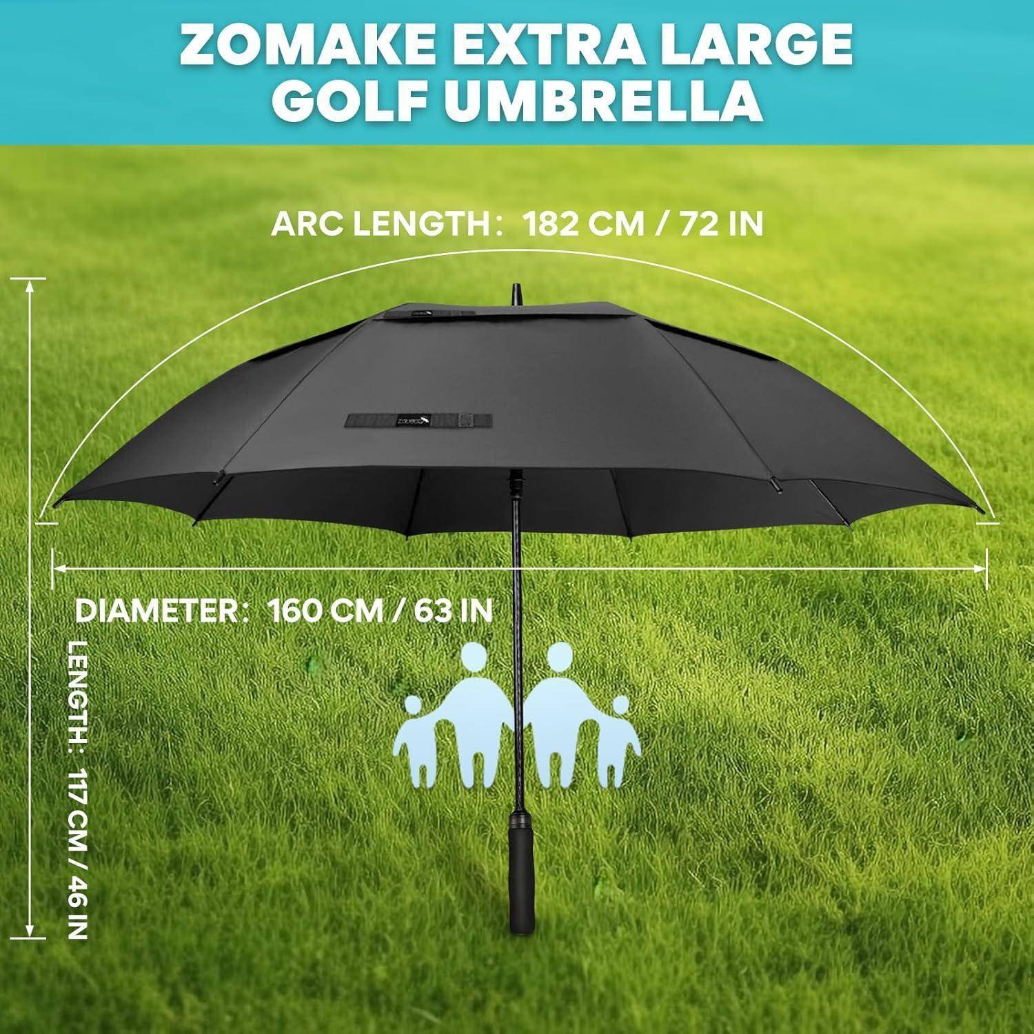 Schwarzer extragroßer Golfschirm auf Gras mit Größenangaben: Bogenlänge 182 cm, Durchmesser 160 cm, Länge 117 cm.