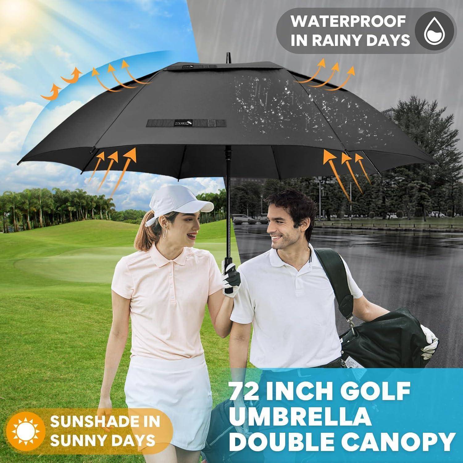 Werbebild eines großen 72-Zoll-Golf-Regenschirms mit doppeltem Baldachin, der zwei Personen schützt, mit Text, der „WASSERDICHT AN REGENTAGEN
