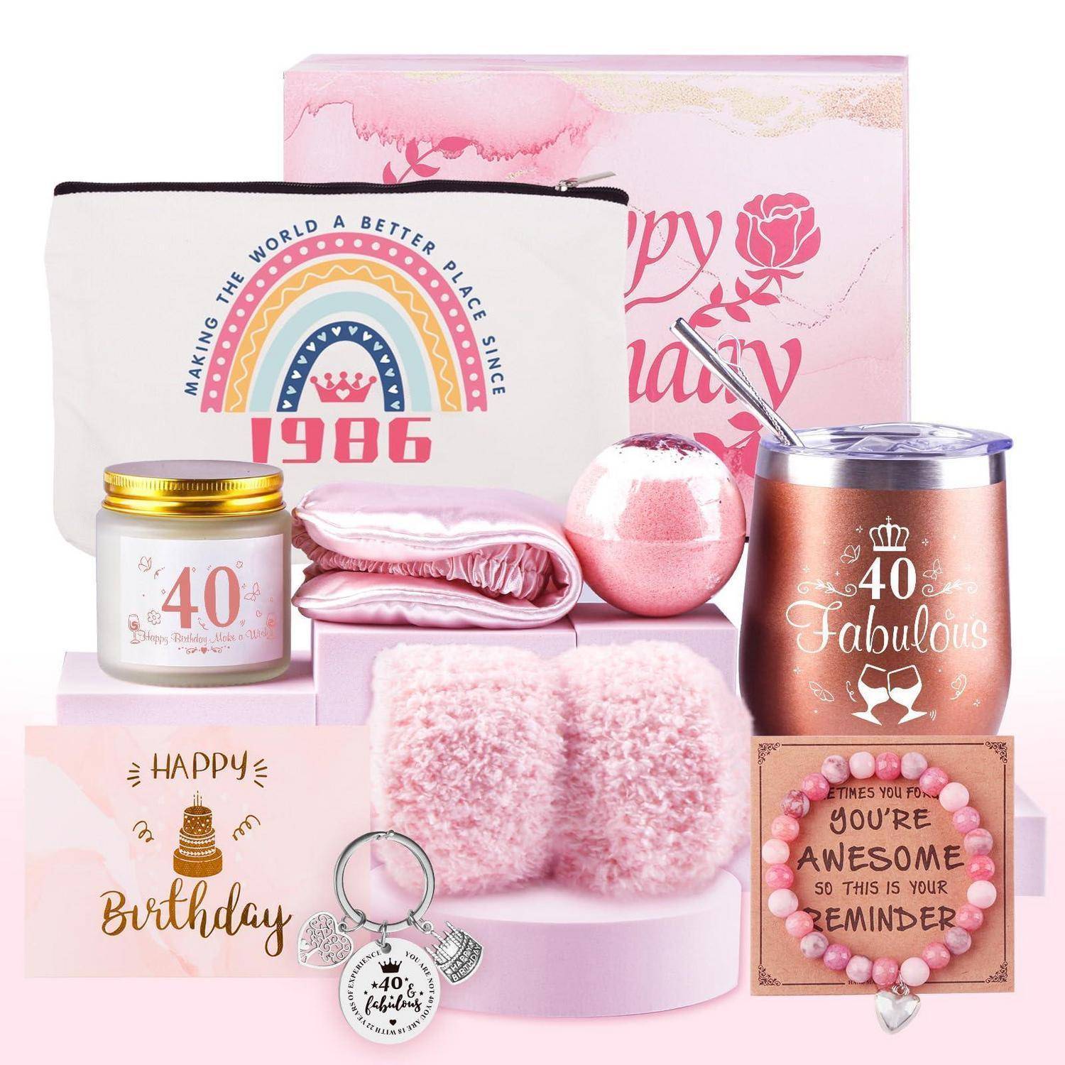 Rosa Geburtstagsgeschenkset mit Kosmetiktasche, Kerze, Badebombe, Trinkbecher, flauschigem Haarband, Decke, Schlüsselanhänger und Grußkarten, alle mit festlichen 
