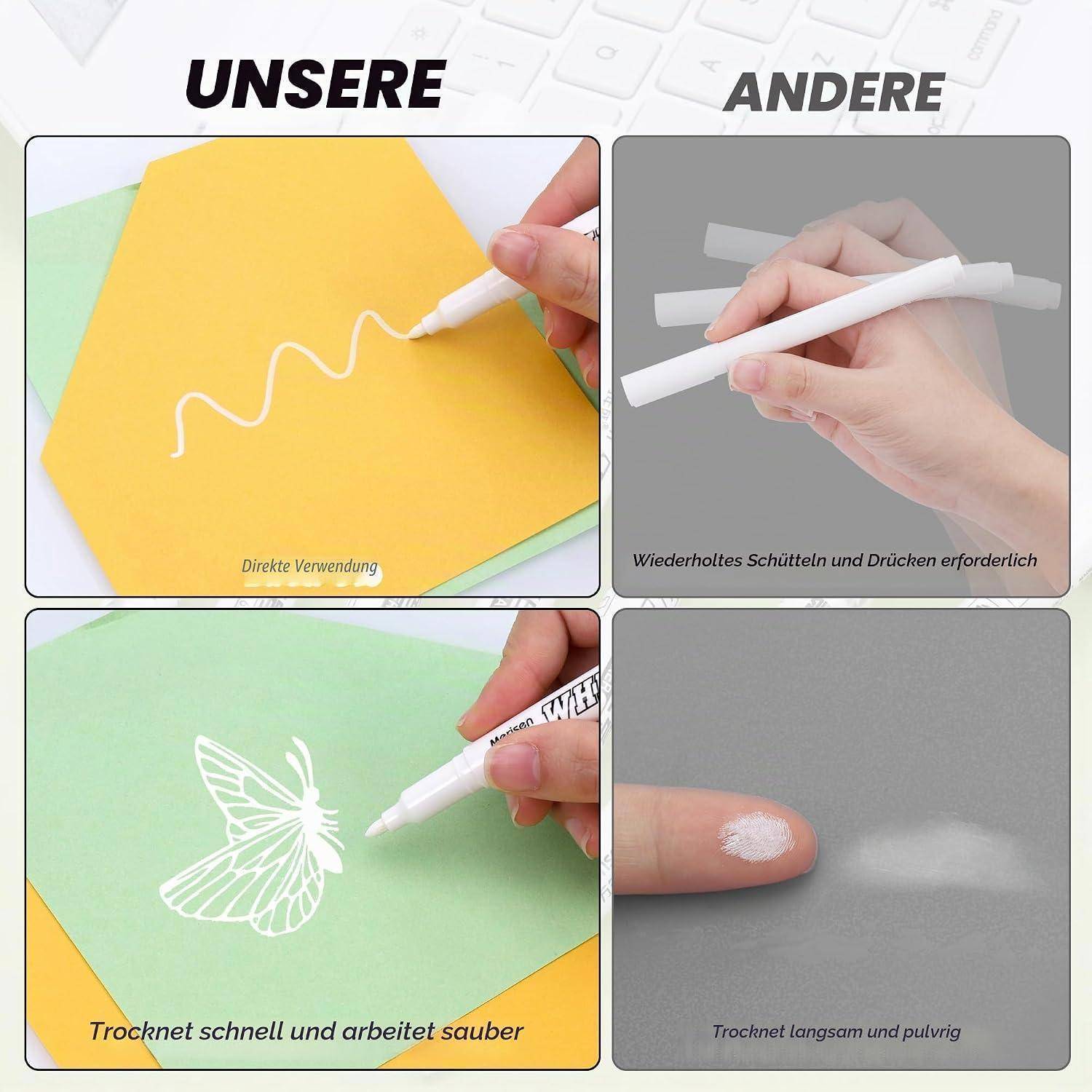 Vergleichsgrafik von weißen Paintmarkern: Der Marker „UNSERE