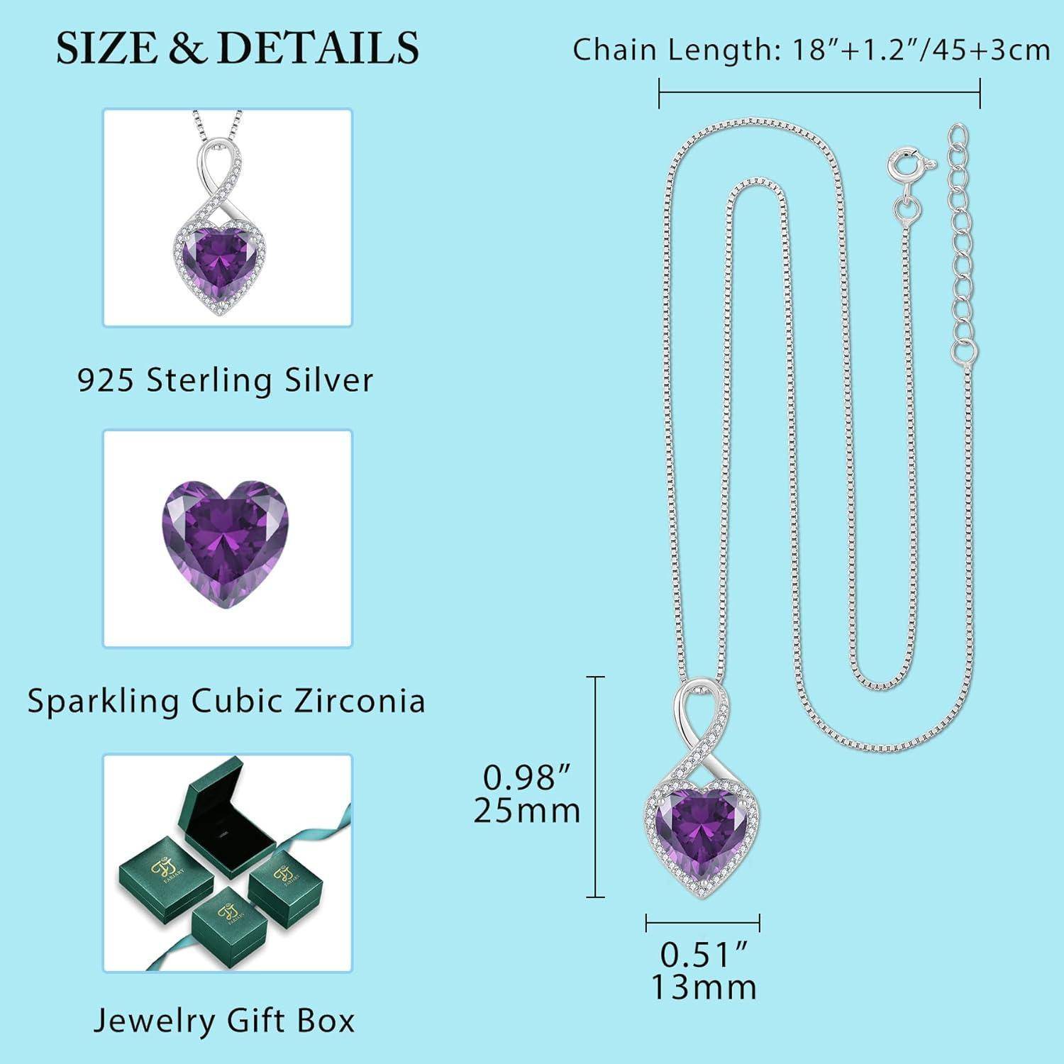 Produktgrößendetails für eine herzförmige violette Edelsteinanhänger-Halskette aus 925er Sterlingsilber, mit 18+1,2/45+3 cm Kette und 0,98 x 0,51 Zoll Anhänger; inklusive Geschenkbox.
