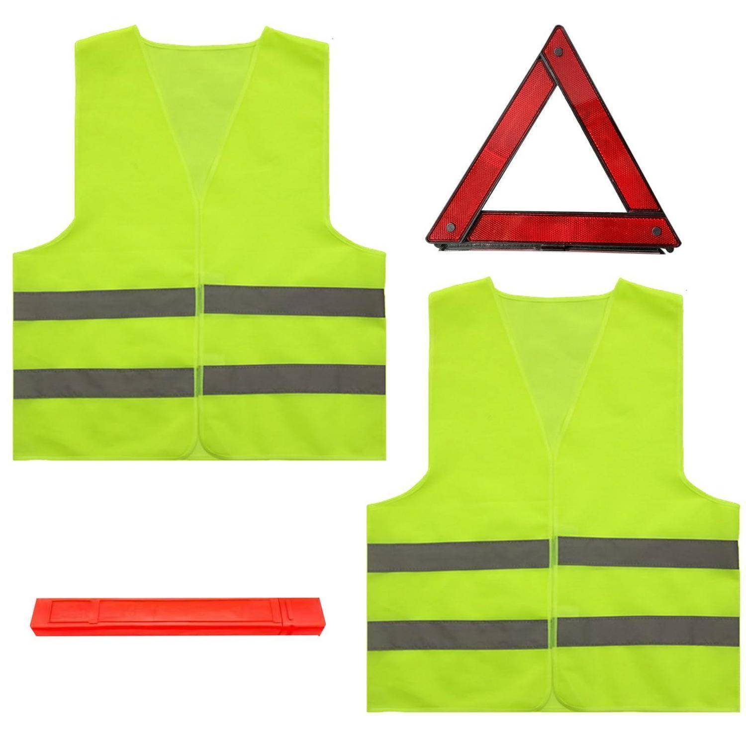 Sichtbarkeitssicherheitsweste-Set mit zwei neongelben reflektierenden Westen, einem roten Warndreieck und einem roten reflektierenden Balken auf weißem Hintergrund.