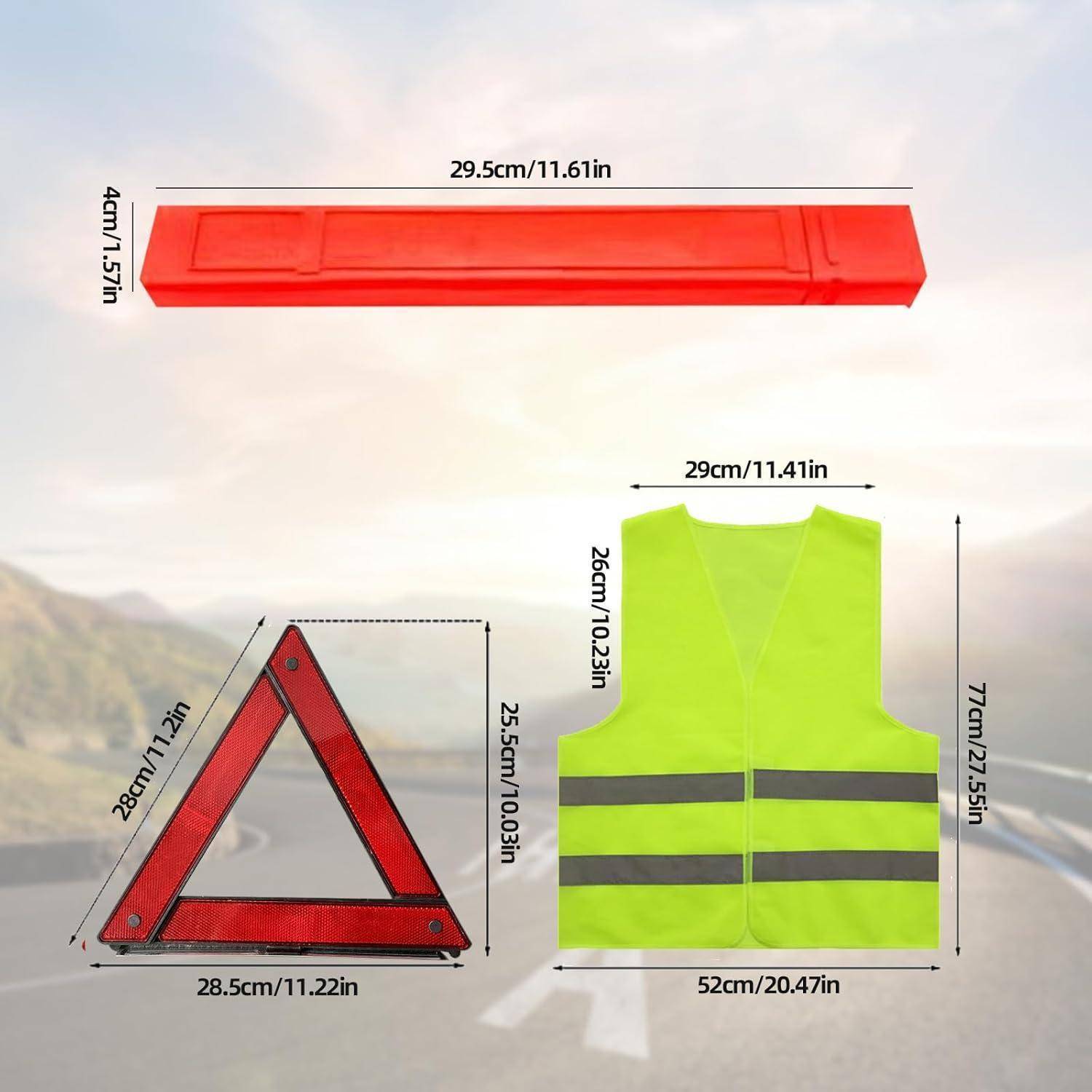 Illustration eines Notfall-Kits für das Auto: rotes Warndreieck mit Abmessungen 28,5 cm und zusammengeklapptem Behälter 29,5 cm, plus neongelbe reflektierende Sicherheitsweste mit gezeigten Abmessungen.