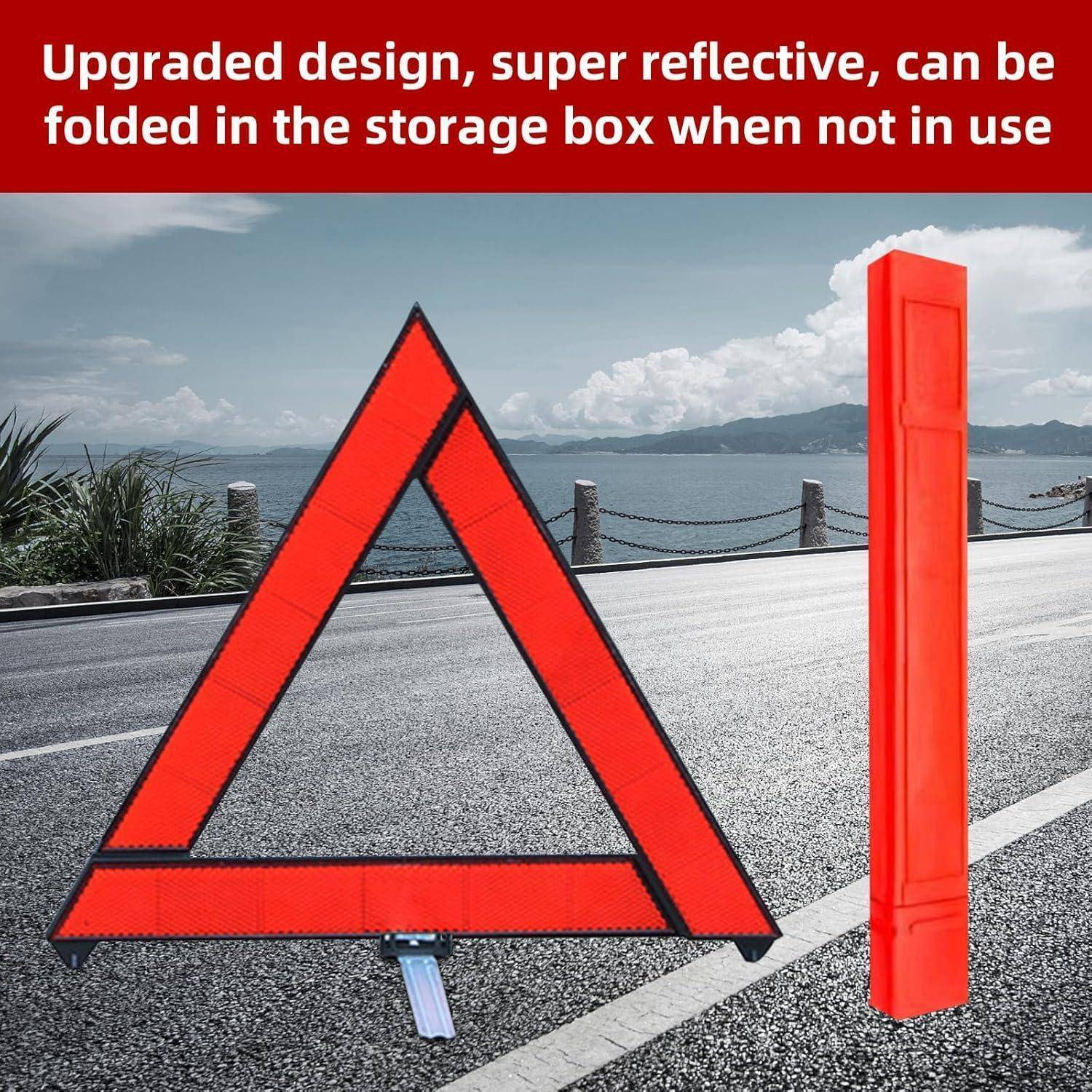 Aufklappbares rotes reflektives Straßen-Warndreieck, das auf der Straße offen gezeigt wird, mit einem Aufbewahrungskasten daneben; der Text lautet: „Verbessertes Design, super reflektierend, kann bei Nichtgebrauch in der Aufbewahrungsbox zusammengeklappt werden
