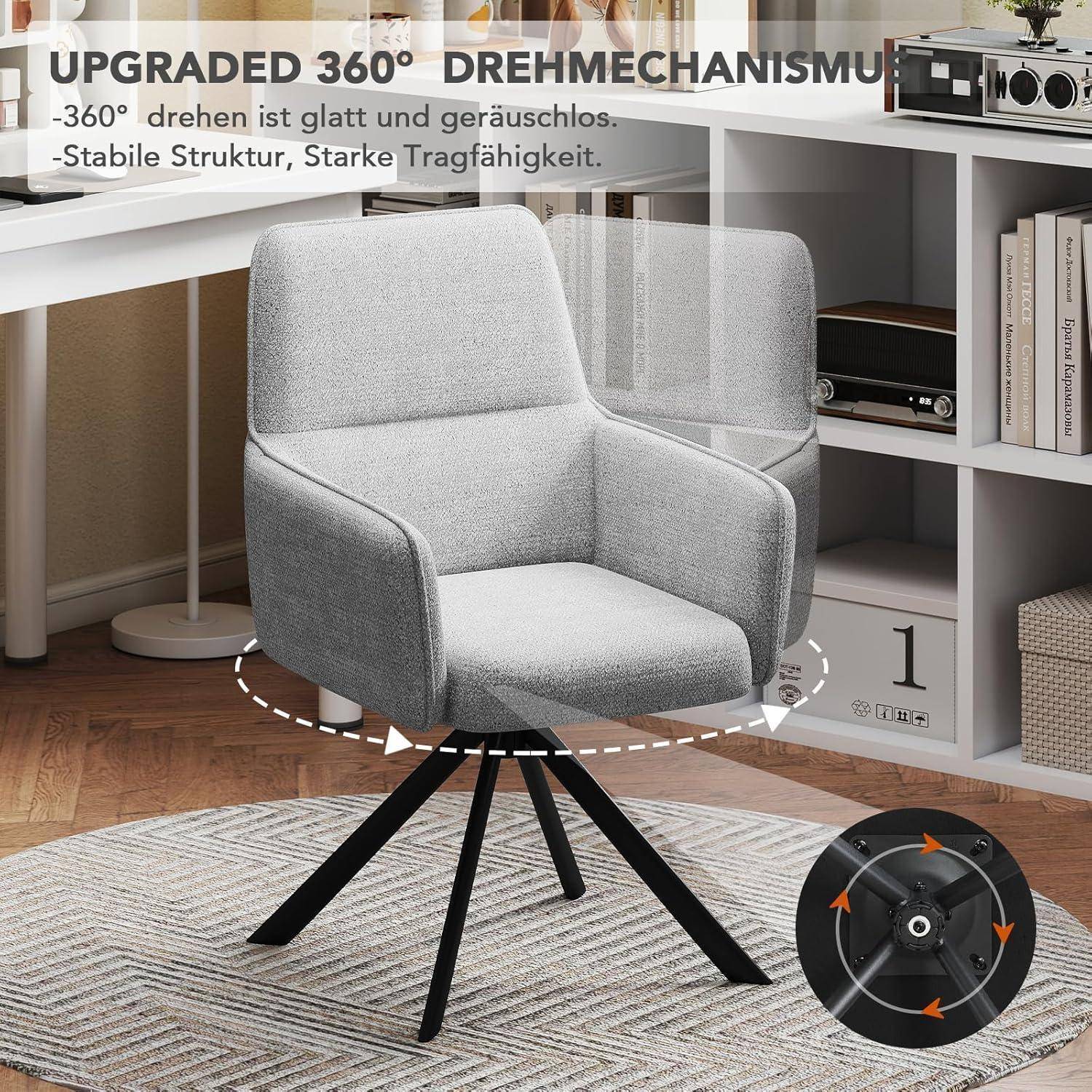 Esszimmerstühle Drehbar mit Armlehne 2er Set, 360°Drehbar Polsterstuhl Küchenstuhl aus Chenille, Stühle Esszimmer Schminkstuhl mit Metallbeine fü