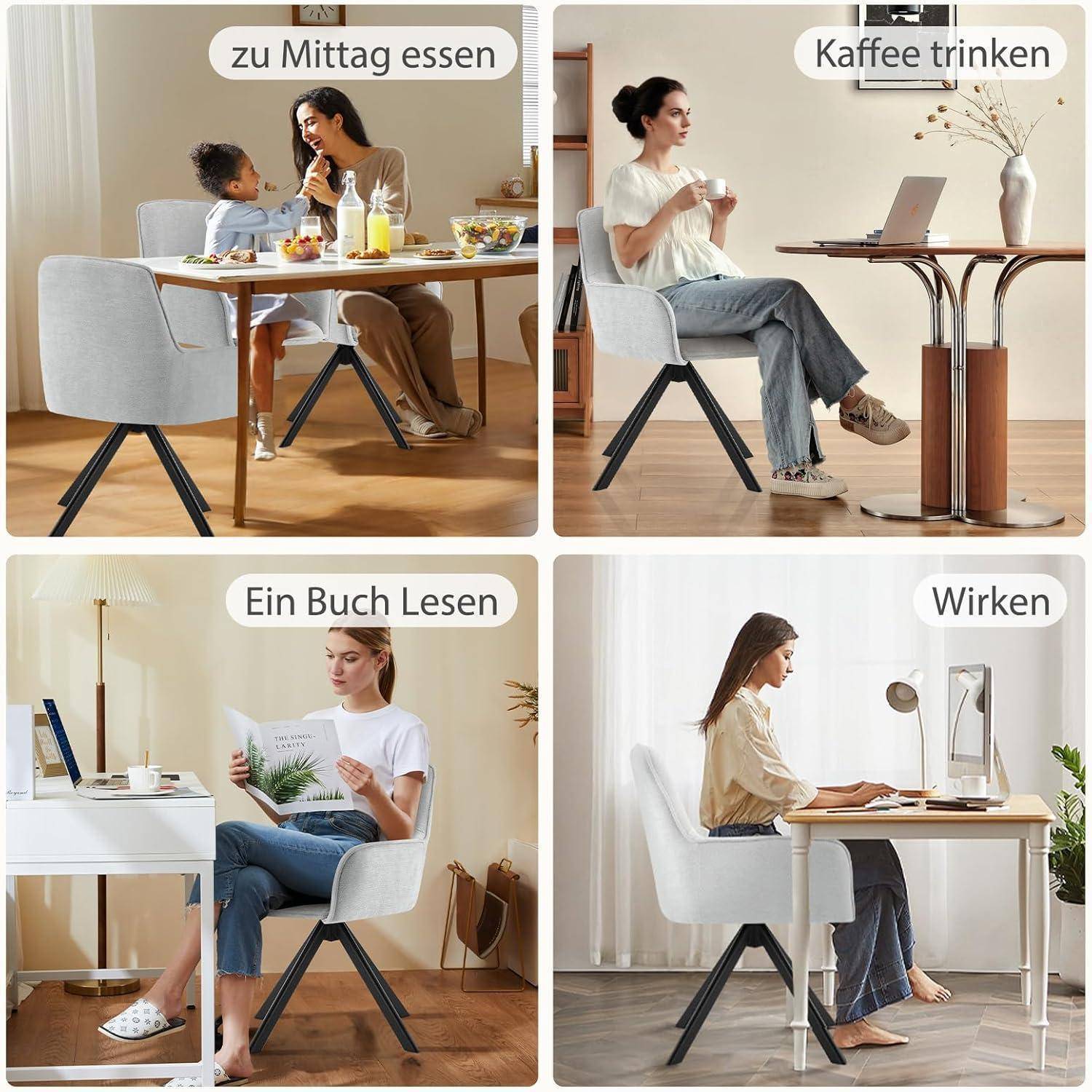 Esszimmerstühle Drehbar mit Armlehne 2er Set, 360°Drehbar Polsterstuhl Küchenstuhl aus Chenille, Stühle Esszimmer Schminkstuhl mit Metallbeine fü