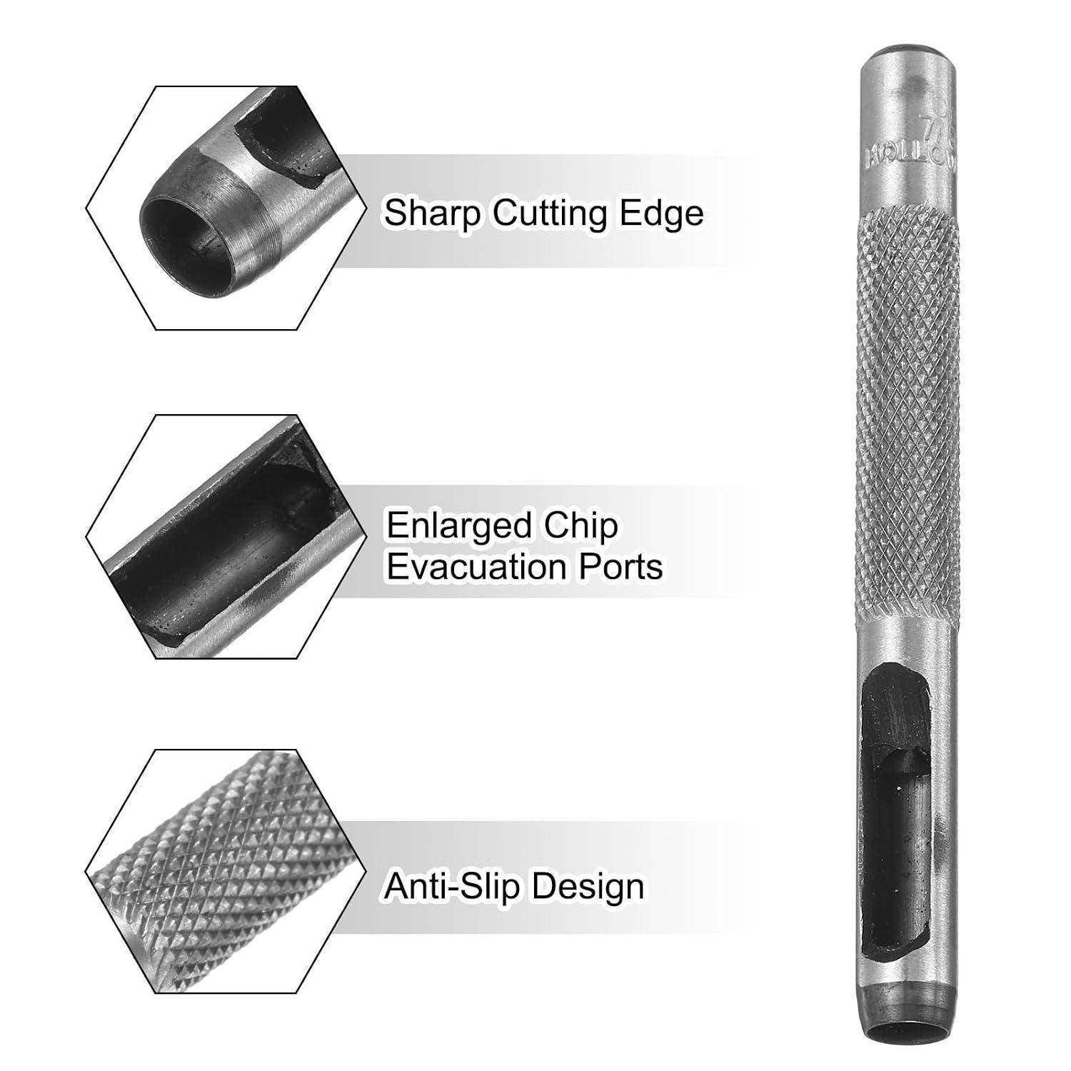 Kommentiertes Foto eines Metallwerkzeugs mit scharfer Schneidkante, vergrößerten Spanauswurfkanälen und rutschfestem geriffeltem Griff.