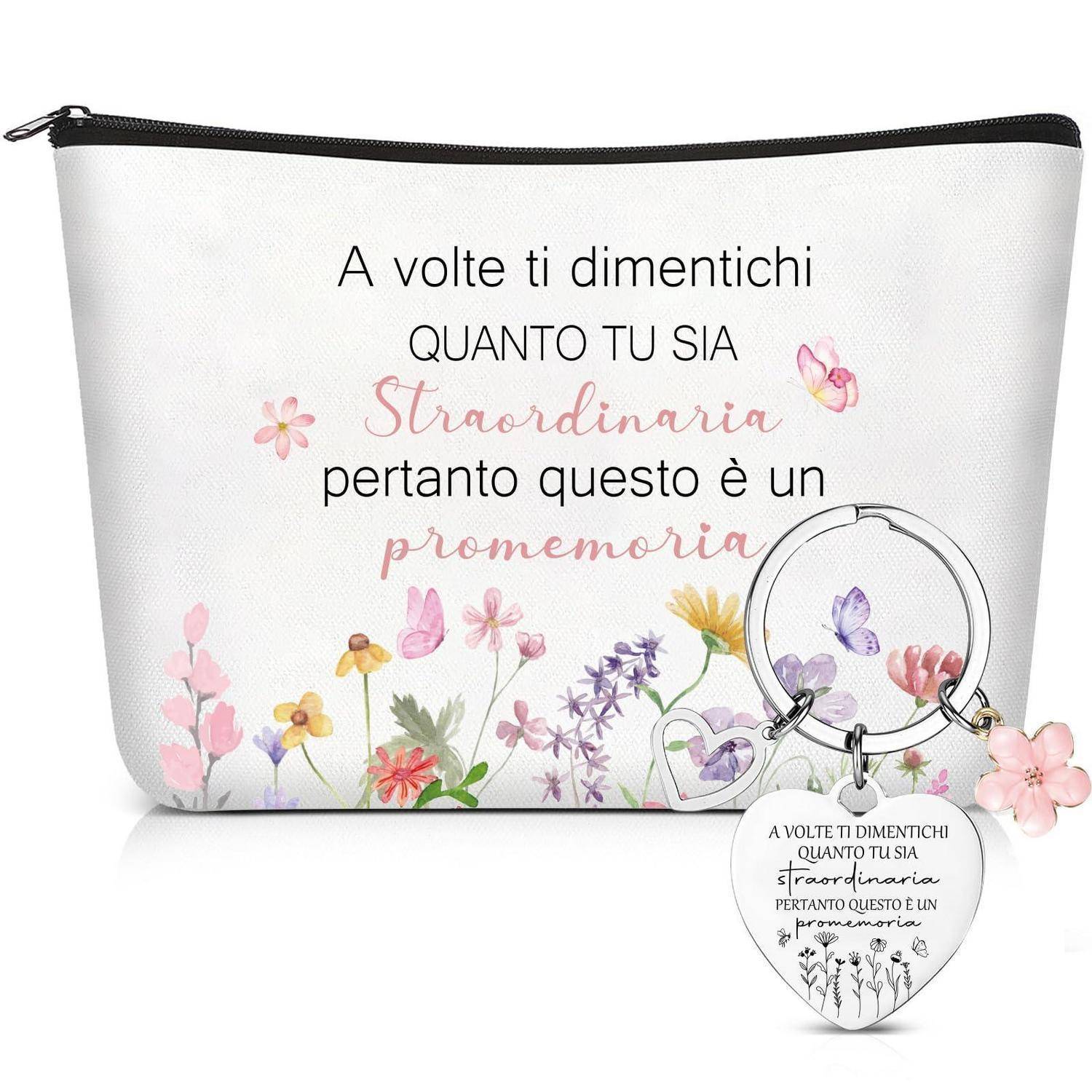 Weißes Kosmetiktäschchen mit Blumenmuster und italienischer Botschaft, die daran erinnert „A volte ti dimentichi quanto tu sia straordinaria, pertanto questo è un promemoria