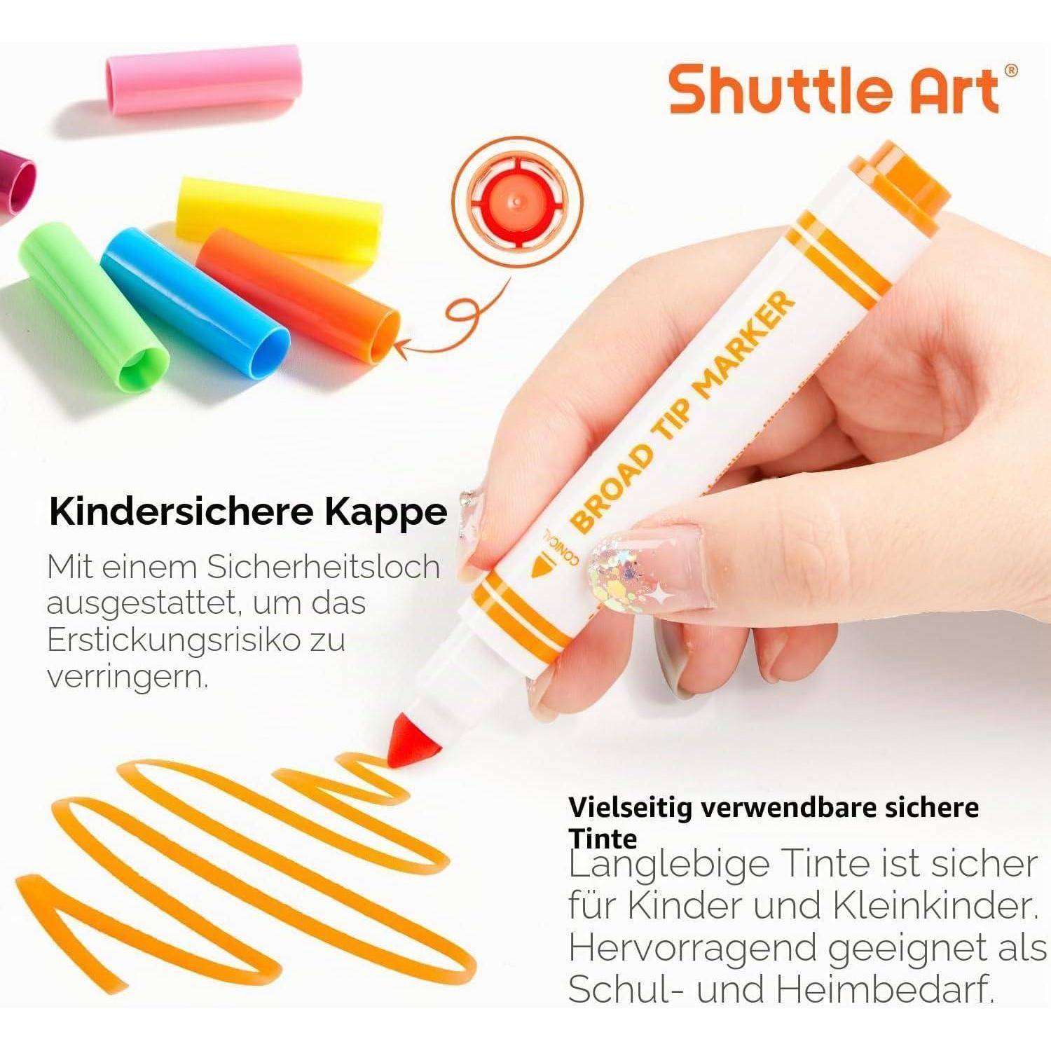 Produktbild eines Shuttle Art Breitspitzenmarkers mit kindersicherer Kappe und verschiedenfarbigen Kappenvarianten, die sichere Tinte für Kinder und die Verwendung in Schule und Zuhause hervorheben.