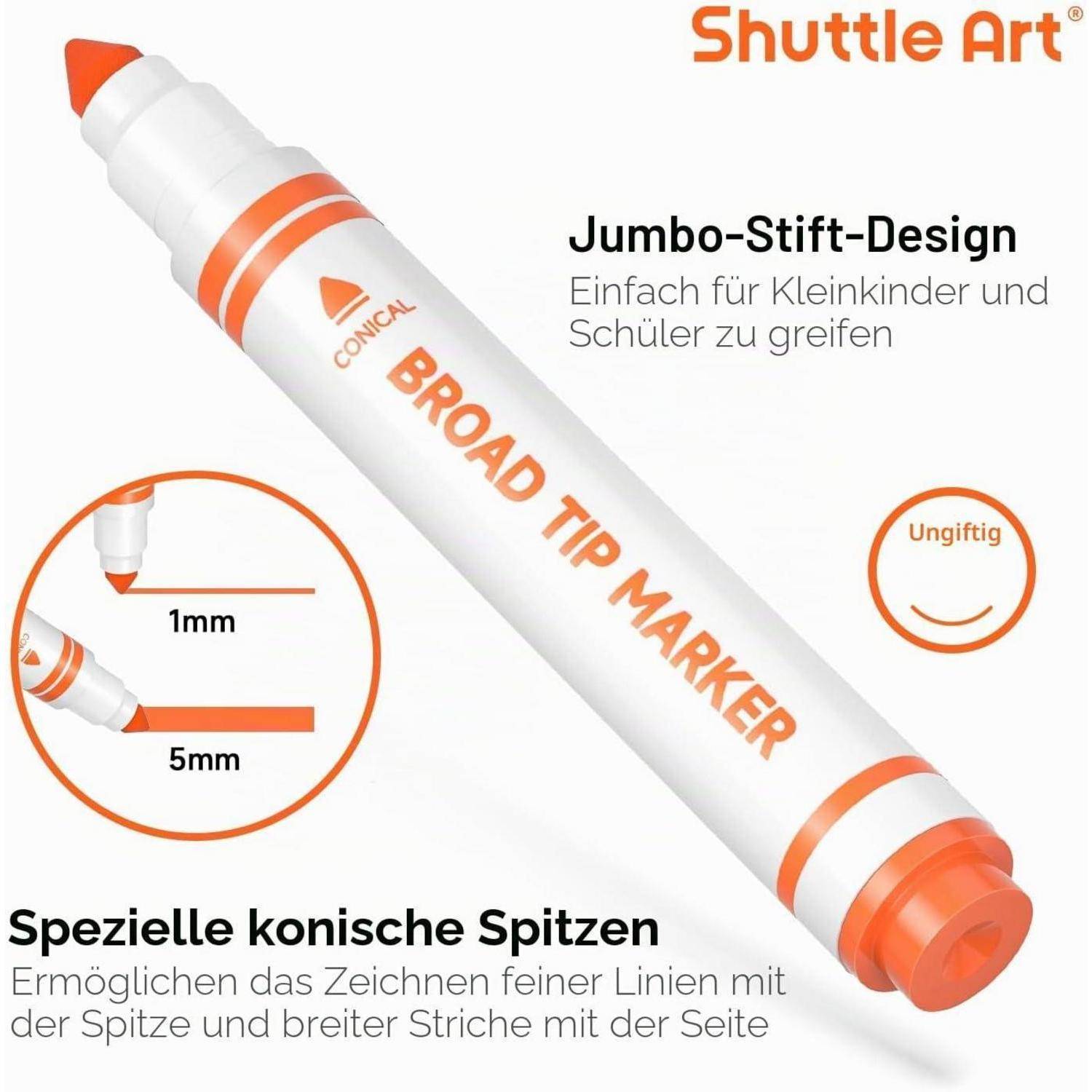 Produktwerbung für Shuttle Art Breitspitzen-Marker mit jumbo-Stiftdesign, konischer 1-mm-Spitze und 5-mm-Seitenstrich, gekennzeichnet als ungiftig und kinderfreundlich.