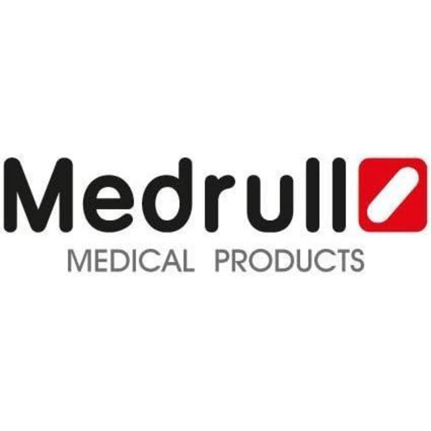 Medrull Medical Products Logo mit schwarzem Text "Medrull"" und rotem Quadratsymbol über grauem Untertitel ""Medical Products"".