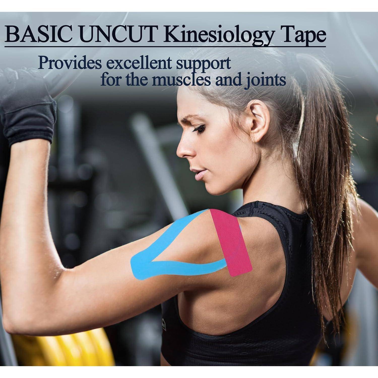 Frau, die ihren Arm mit Kinesiologie-Tape auf der Schulter spannt; Text lautet „BASIC UNCUT Kinesiologie-Tape