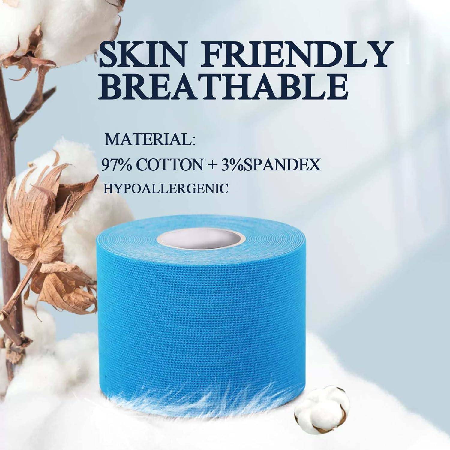 Blaue Baumwoll- und Spandex-Klebebandrolle auf einem baumwollthematisierten Hintergrund mit Text: „HAUTFREUNDLICH ATMUNGSAKTIV