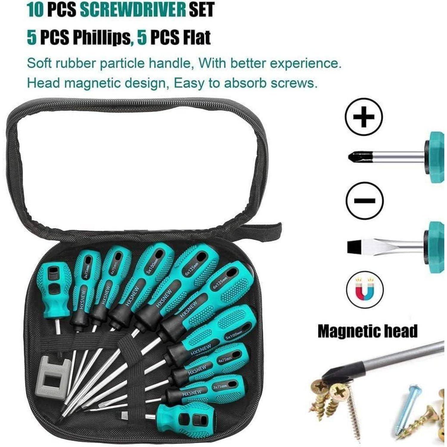 Offener Reißverschlusskoffer mit 10er-Schraubendrehersatz, 5 Phillips und 5 Schlitzköpfe, mit magnetischen Spitzen und Softgrip-Griffen.