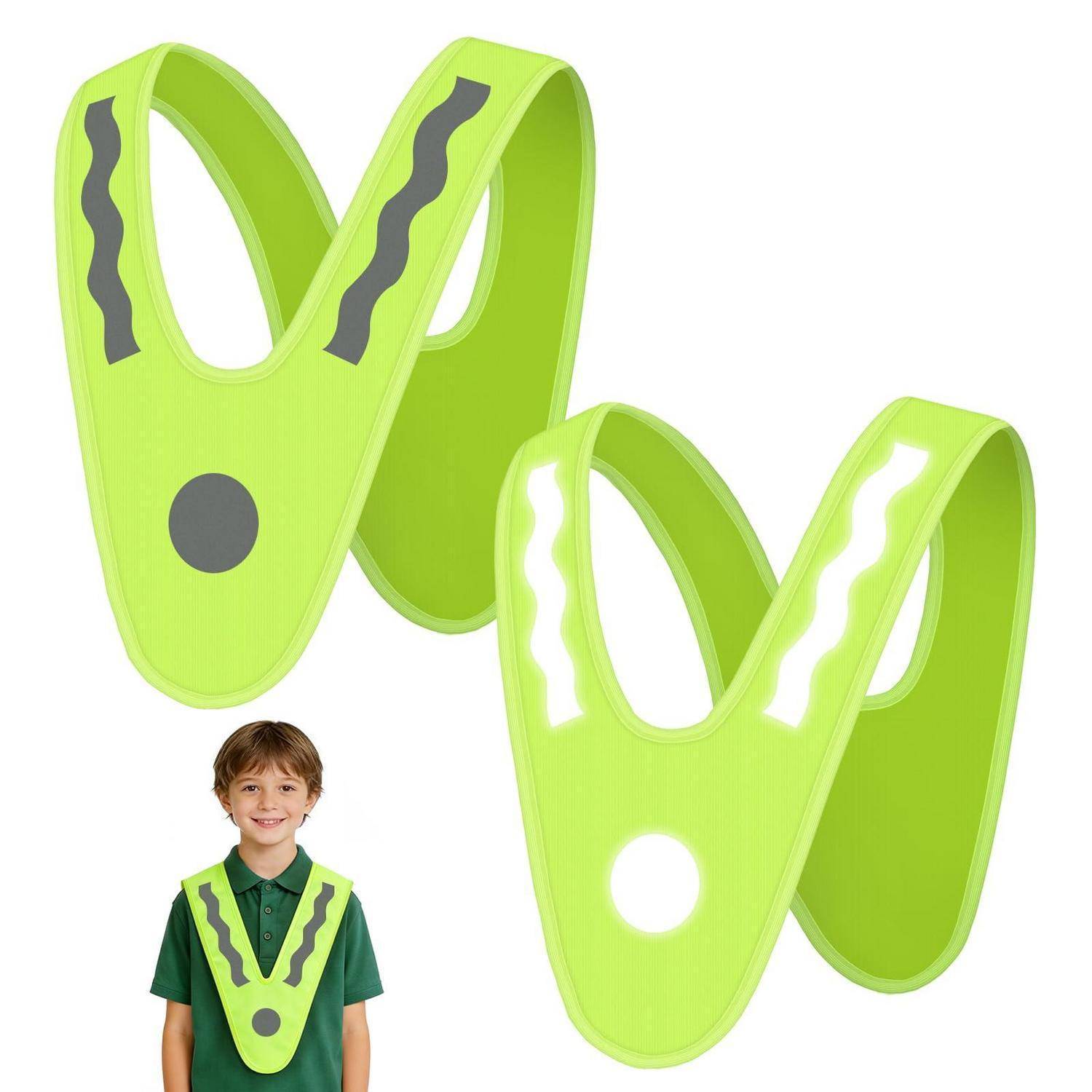 Reflektierendes neongrünes Sicherheitsweste für Kinder zum Anklipsen mit dunklen Streifen und kreisförmiger Markierung, dargestellt an einem lächelnden Jungen getragen und als Produktansicht.