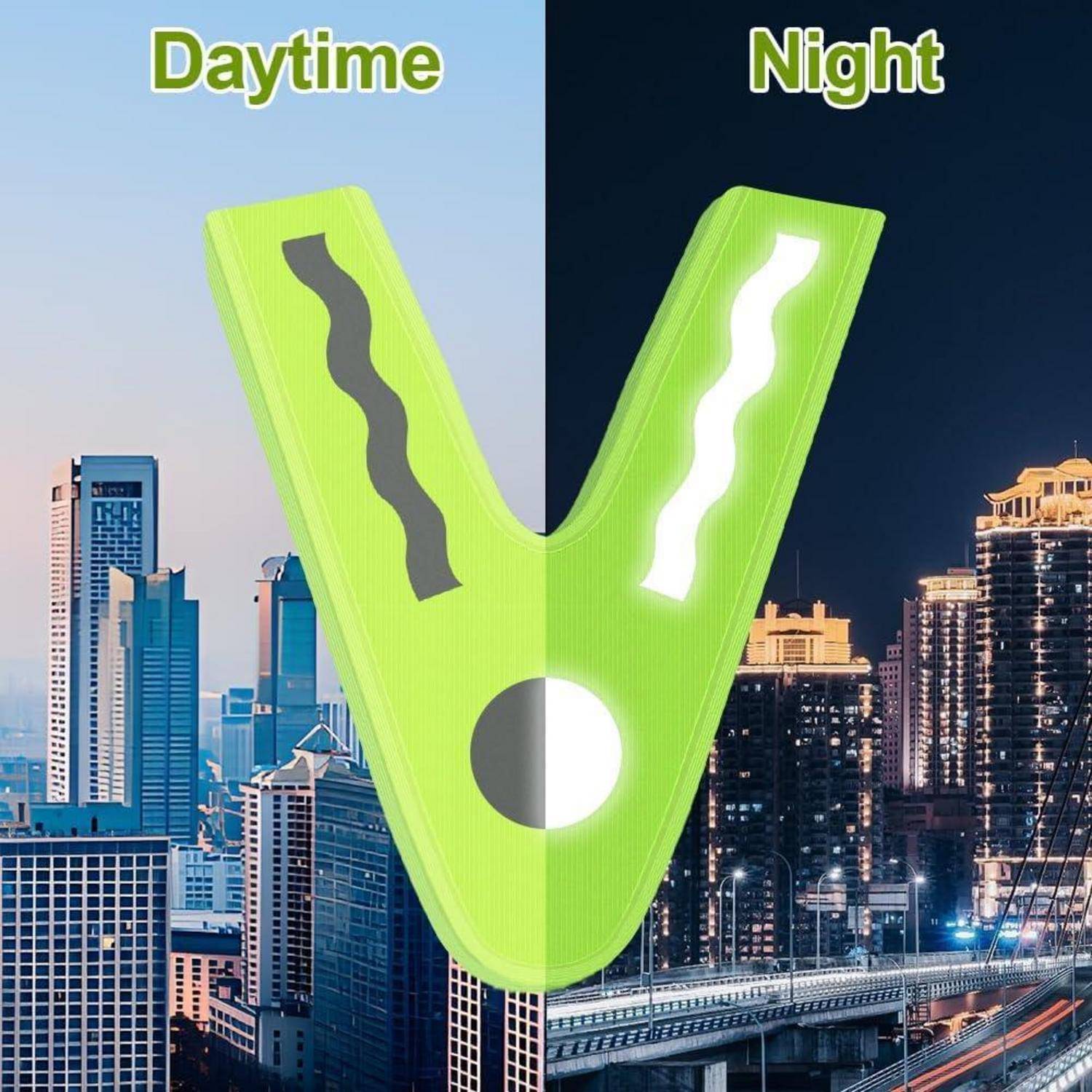 Split-Screen-Grafik mit einem neongrünen V-förmigen Reflektormarker: tagsüber auf der linken Seite mit einer Stadtskyline, nachts auf der rechten Seite mit dem leuchtenden Marker vor beleuchteten Gebäuden.