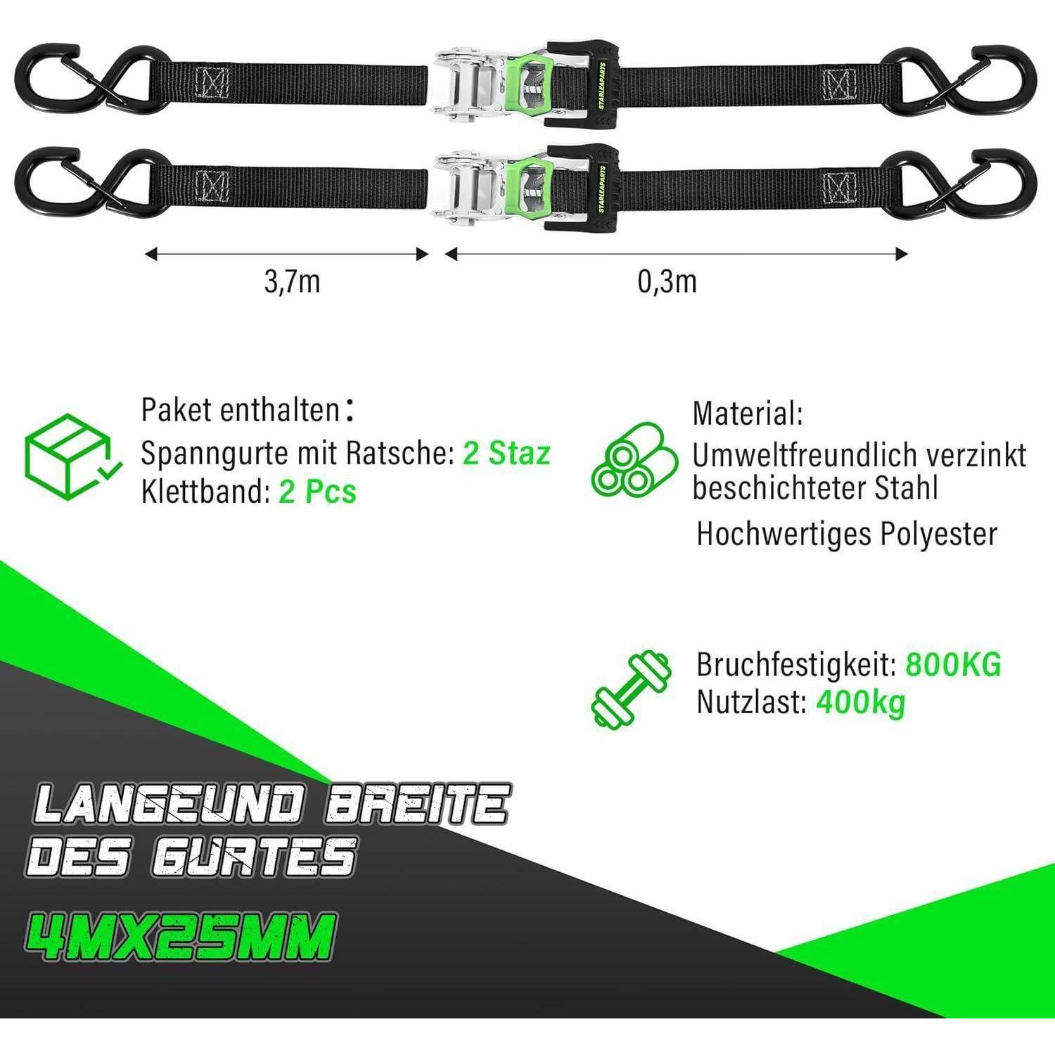 Produktgrafik von zwei Ratschengurten mit Haken, wobei 3,7 m Gurt und 0,3 m Ratschenteil gezeigt werden; das Paket enthält 2 Ratschen und 2 Gurte, Tragfähigkeit 800 kg, zulässige Arbeitslast 400 kg, Größe 4 m x 25 mm.
