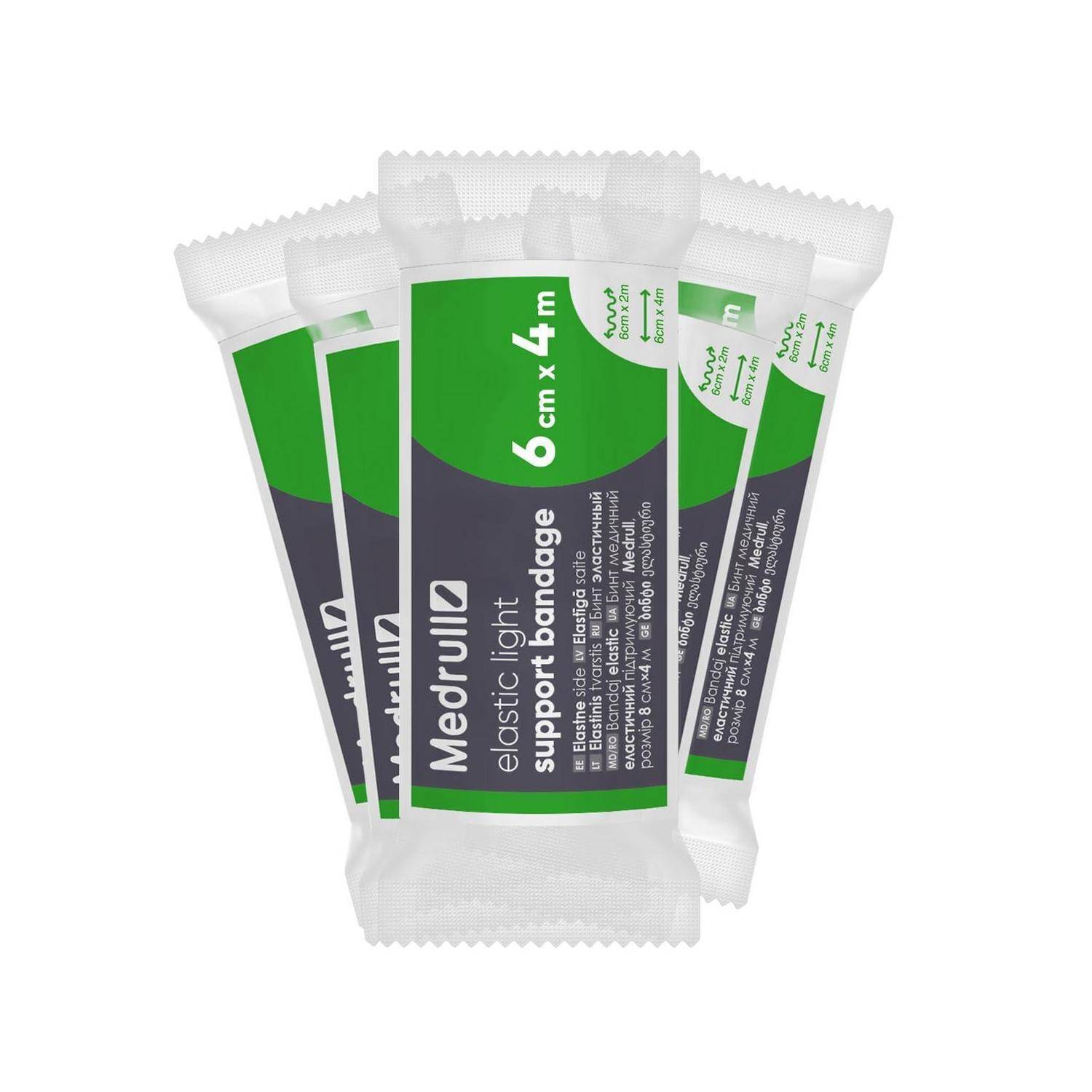 Drei Medrull elastische leichte Stützbandagen-Rollen in grüner und grauer Verpackung, mit der Bezeichnung 6 cm x 4 m.