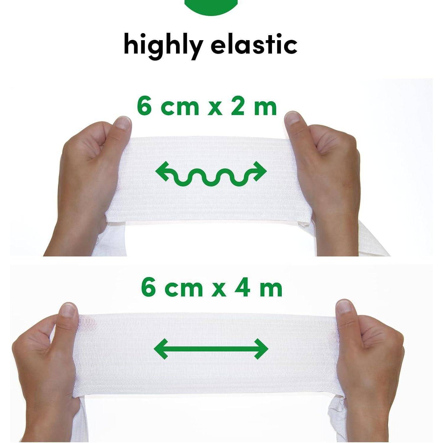Produktgrafik, die ein hochelastisches Pflasterband zeigt, das sich von 6 cm x 2 m auf 6 cm x 4 m dehnt und von Händen gehalten wird.