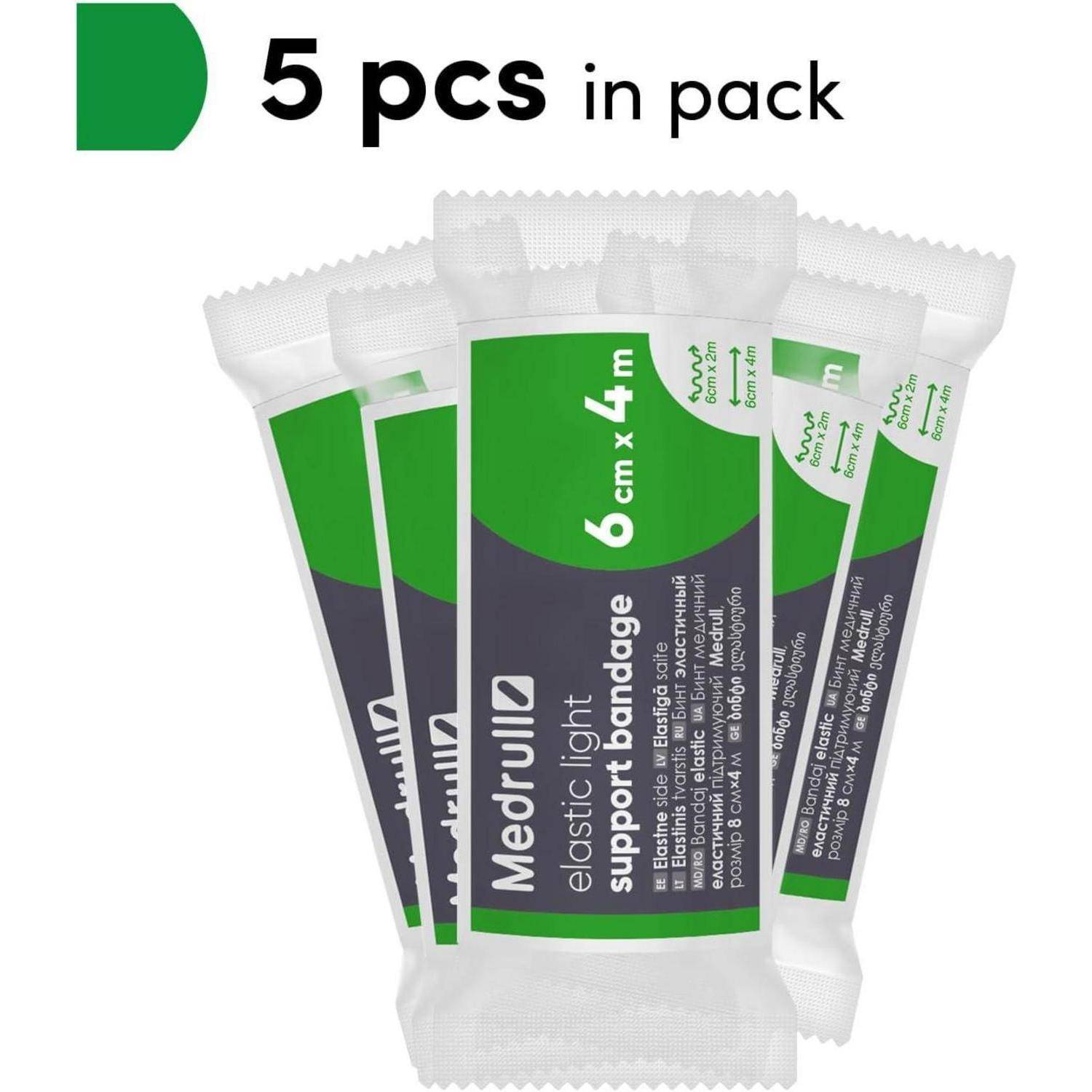 Fünfer-Pack Medrull elastische leichte Stützbandagen, 6 cm x 4 m, in grün-weißer Verpackung gezeigt.
