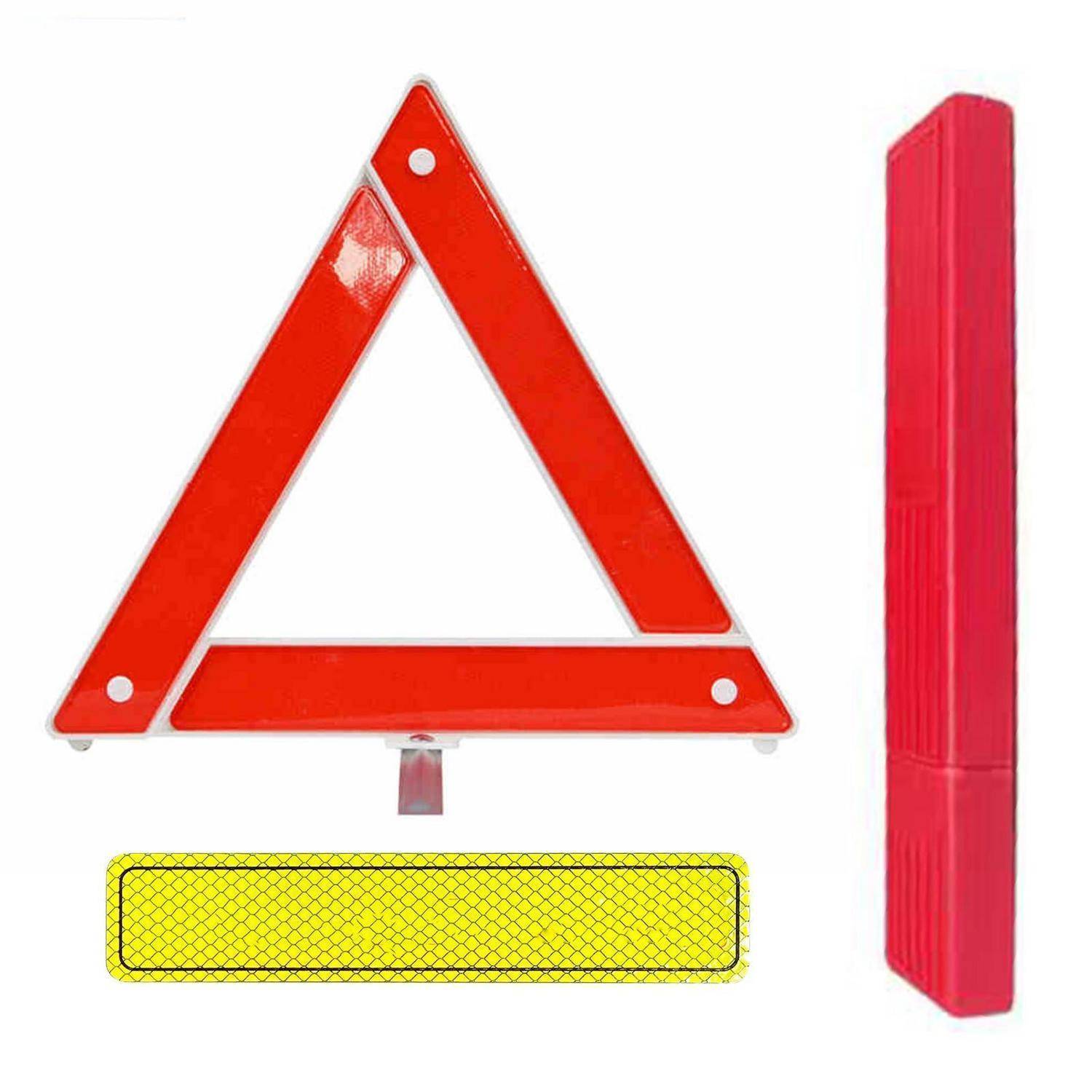 Rotes reflektierendes Warndreieck mit Klappsockel und gelbem Aufbewahrungskoffer, neben einem roten Transportkoffer dargestellt.