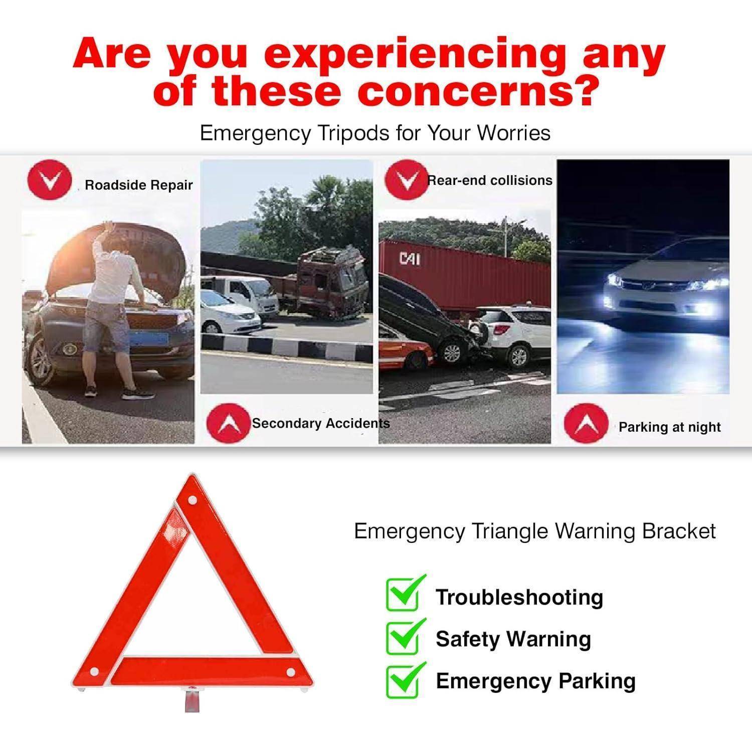 Werbegrafik für eine Notfall-Dreieck-Warnhalterung, die Straßenreparatur, Auffahrunfälle, Sekundärunfälle und nächtliches Parken zeigt, mit einem roten Warndreieck und häkchen markierten Vorteilen.