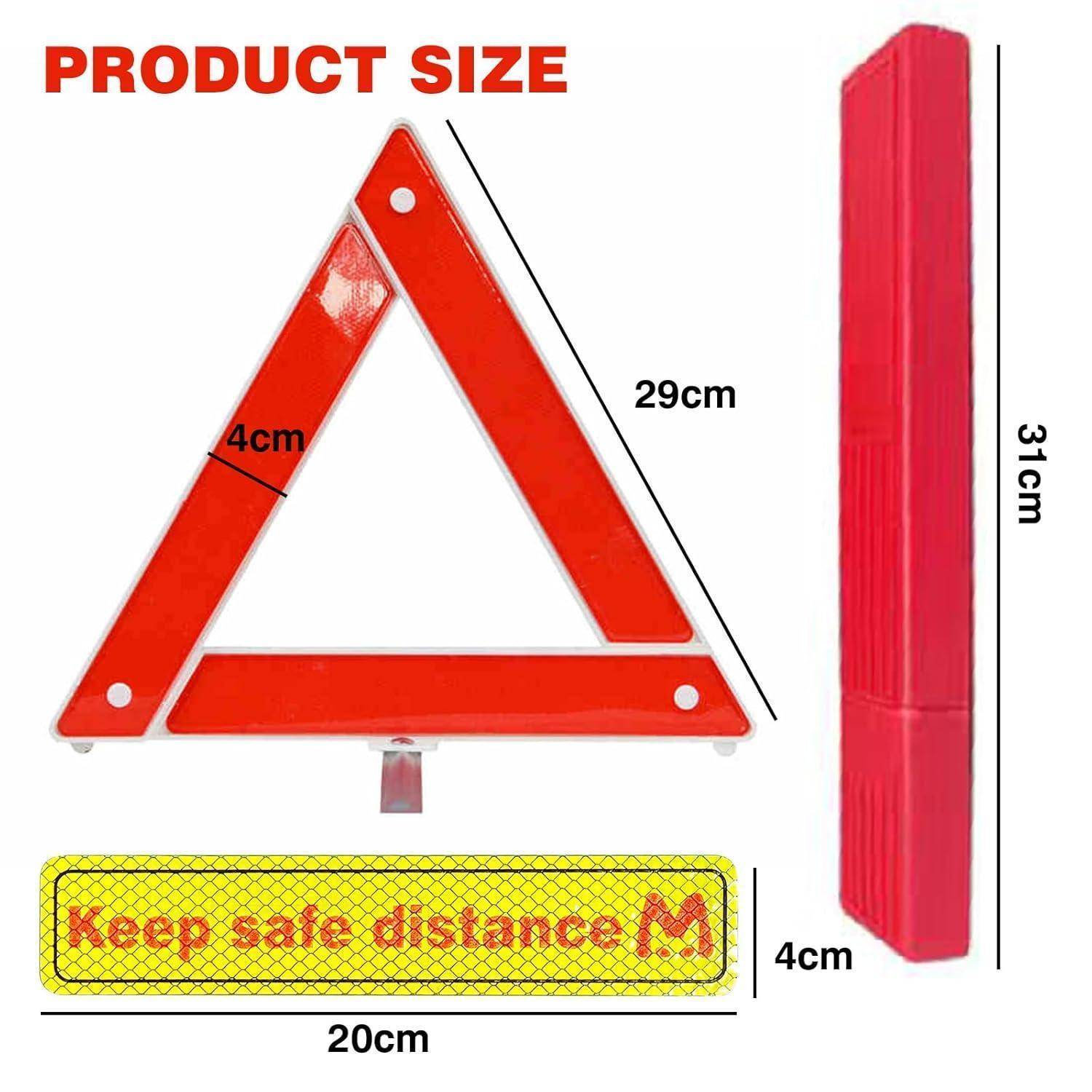 Rotes Klappwarndreieck mit angegebenen Abmessungen: 29cm Seitenlängen, 31cm Höhe, 4cm Breite, plus „Sicheren Abstand halten