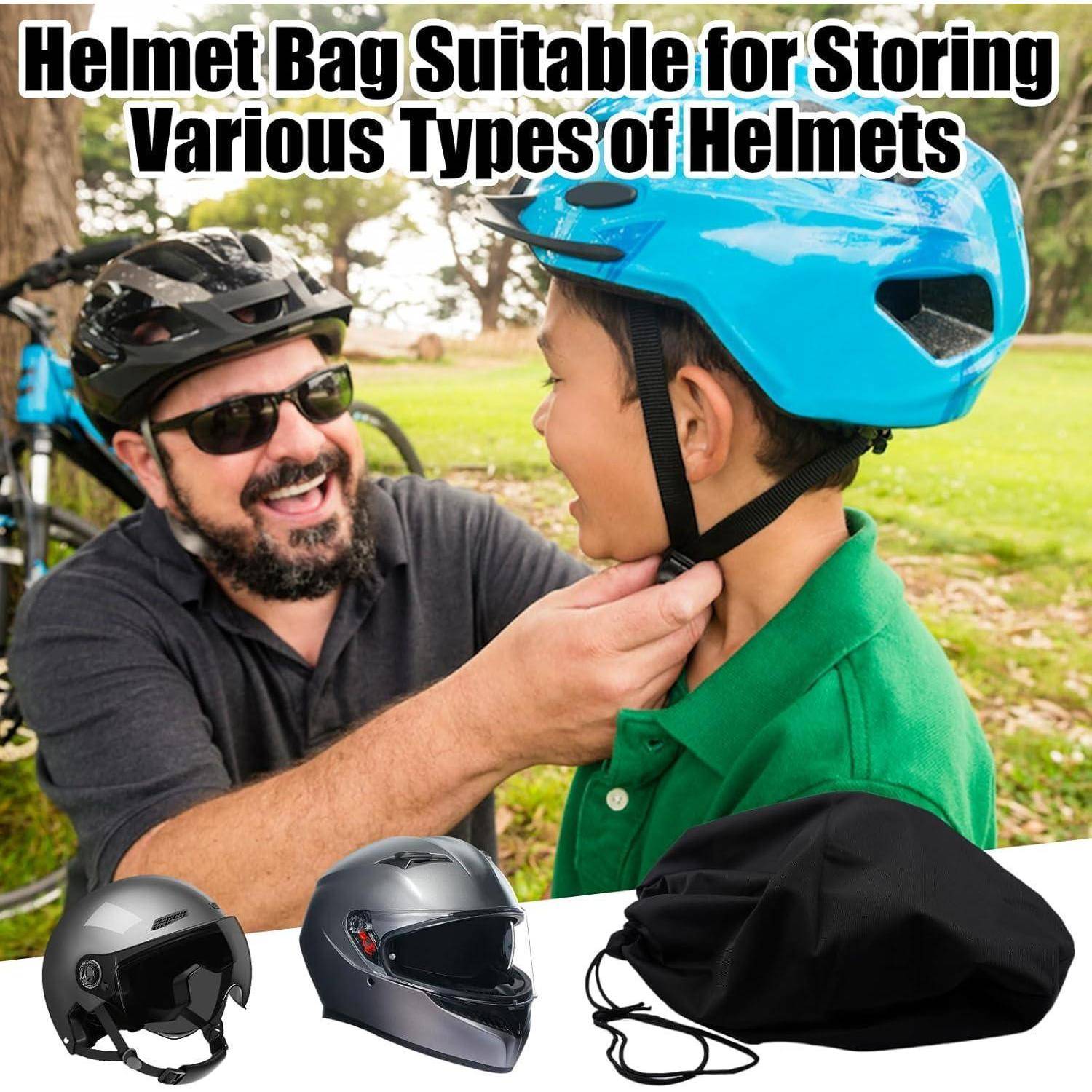 Ein Mann setzt einem Kind draußen einen blauen Helm auf, mit dem Text „Helmtasche geeignet zur Lagerung verschiedener Arten von Helmen" und Bildern von Helmen sowie einer schwarzen Aufbewahrungstasche.