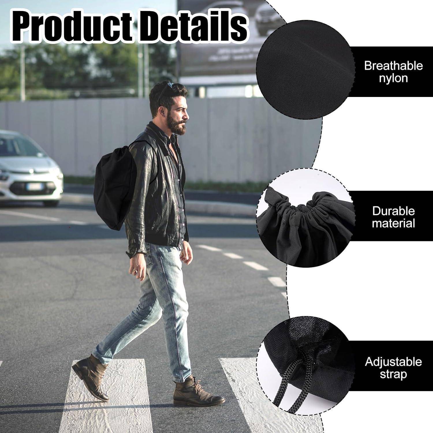 Produktdetails-Grafik, die einen Mann zeigt, der einen schwarzen Rucksack trägt, mit Beschriftungen für atmungsaktives Nylon, strapazierfähiges Material und verstellbaren Riemen.