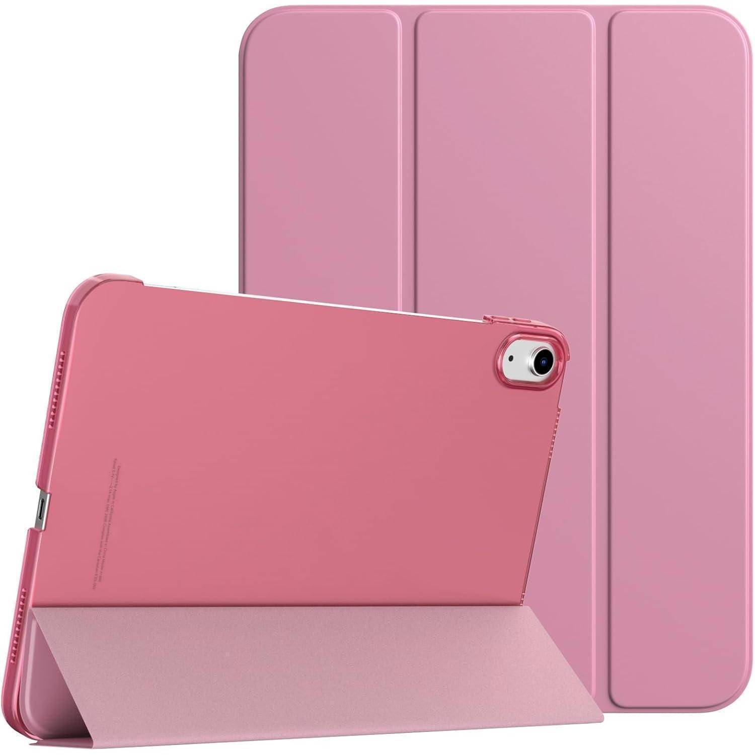 Rosa Tablet-Schutzhülle mit klappbarem Frontdeckel, aufgeklappt zur Unterstützung des Tablets, mit sichtbarem Kameraausschnitt auf der Rückseite.