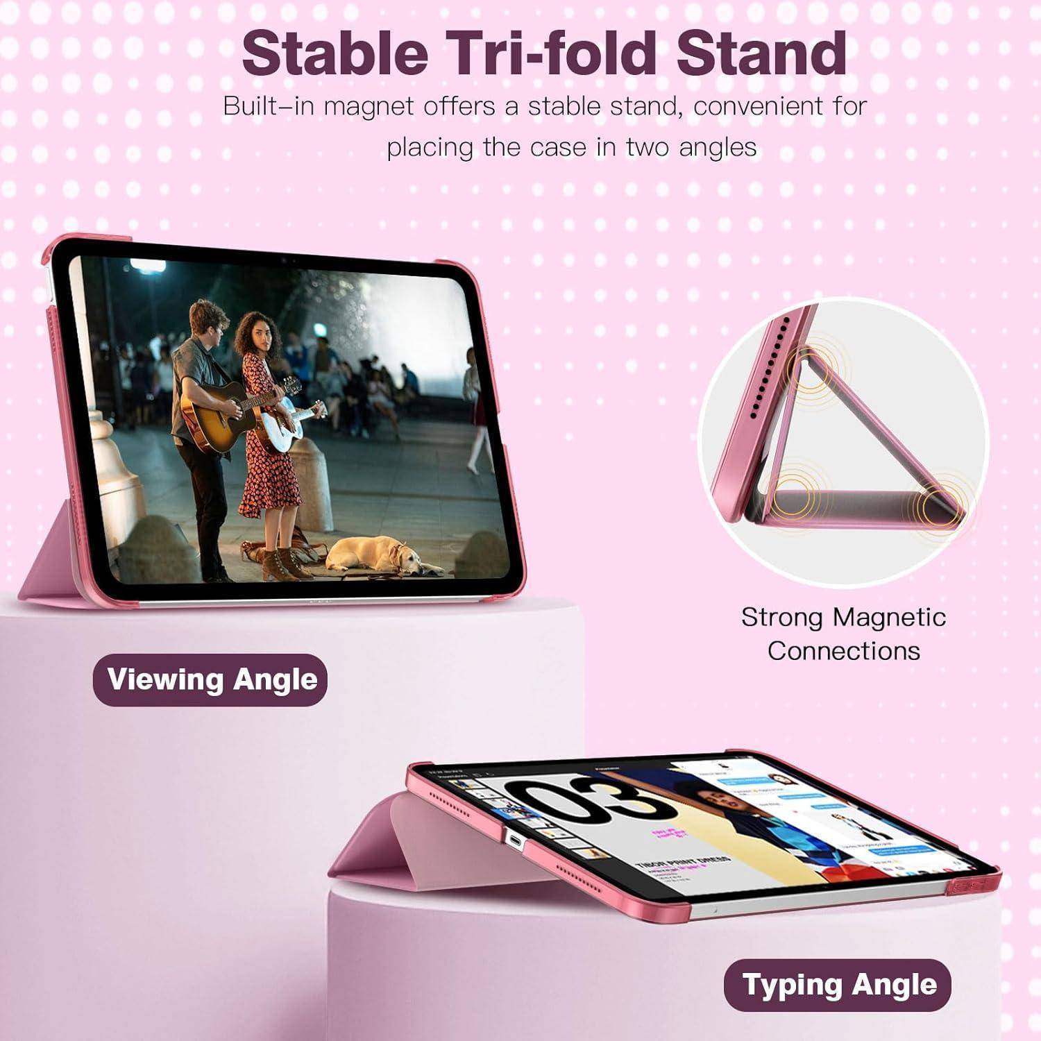 Werbegrafik für ein rosa Tablet-Etui mit eingebautem Magnet und Dreibein-Ständer, das Ansichts- und Tippwinkel sowie "Starke magnetische Verbindungen"" zeigt.