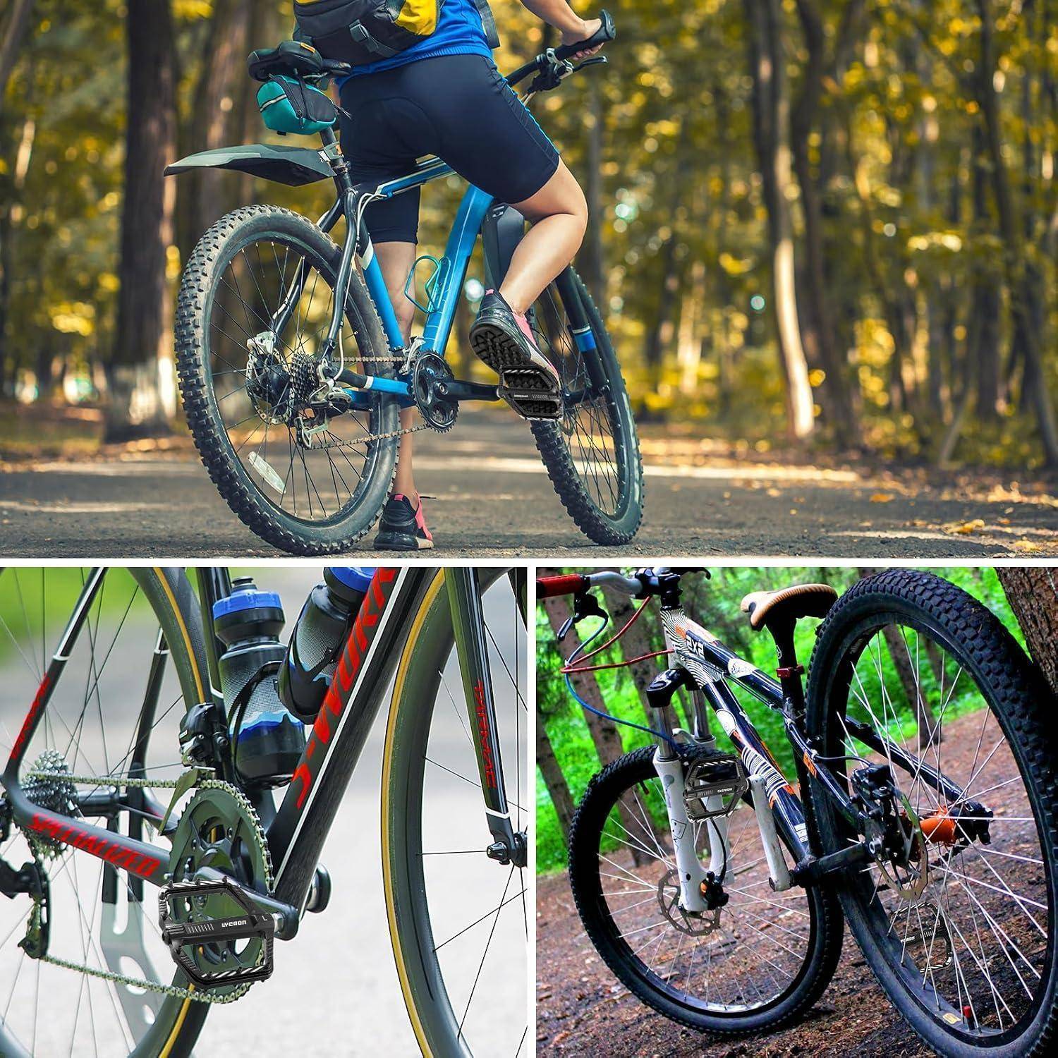 Collage von Mountainbikes: ein Fahrer auf einem blauen Fahrrad auf einem Waldweg, plus Nahaufnahmen des Fahrradantriebs und geparkte Fahrräder im Freien.