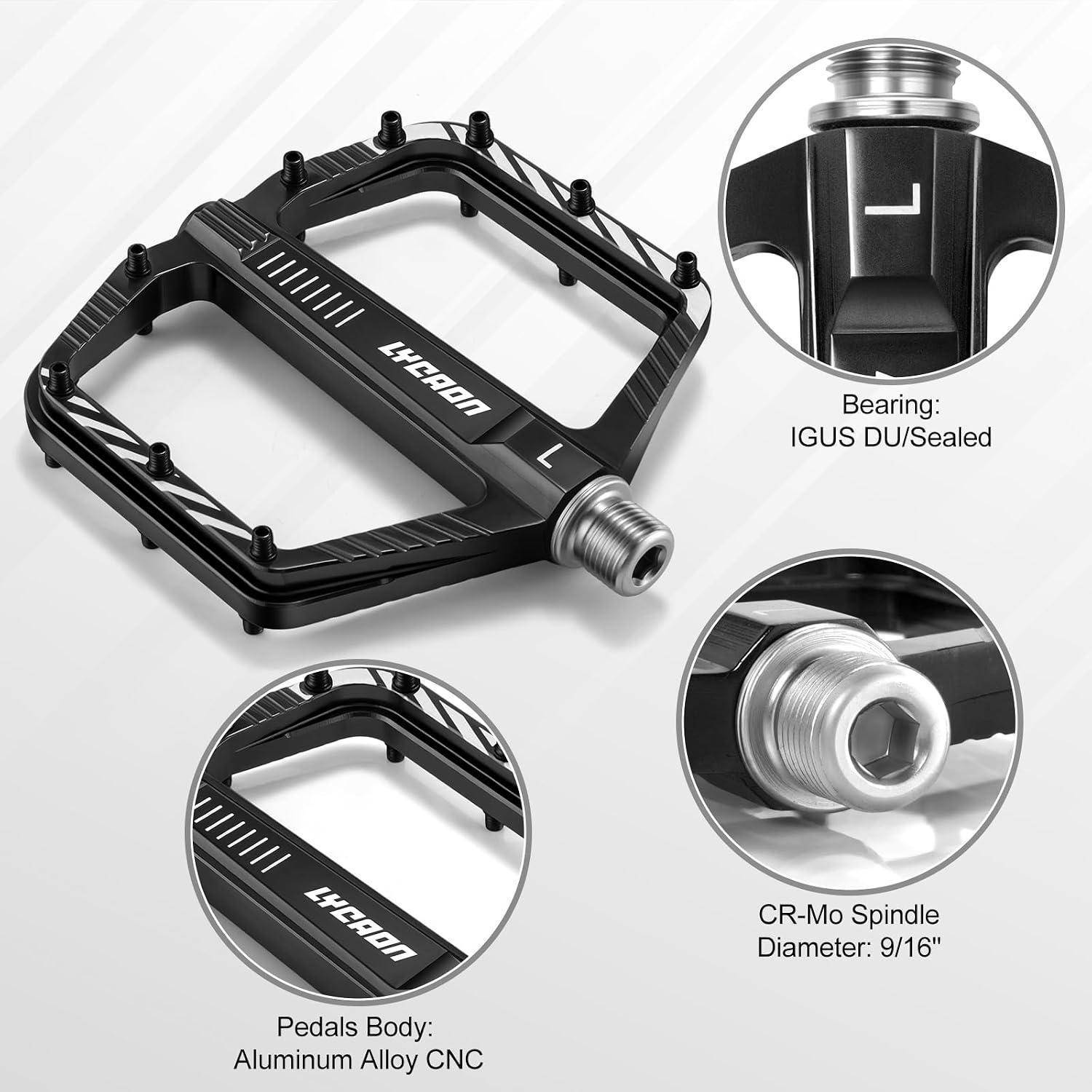 Produktbild eines schwarzen Fahrradpedals mit Legierungskörper, Nahaufnahmen der Achse und Beschriftungen mit den Hinweisen „Lager: IGUS DU/Versiegelt" und „CR-Mo Spindeldicke: 9/16"""".