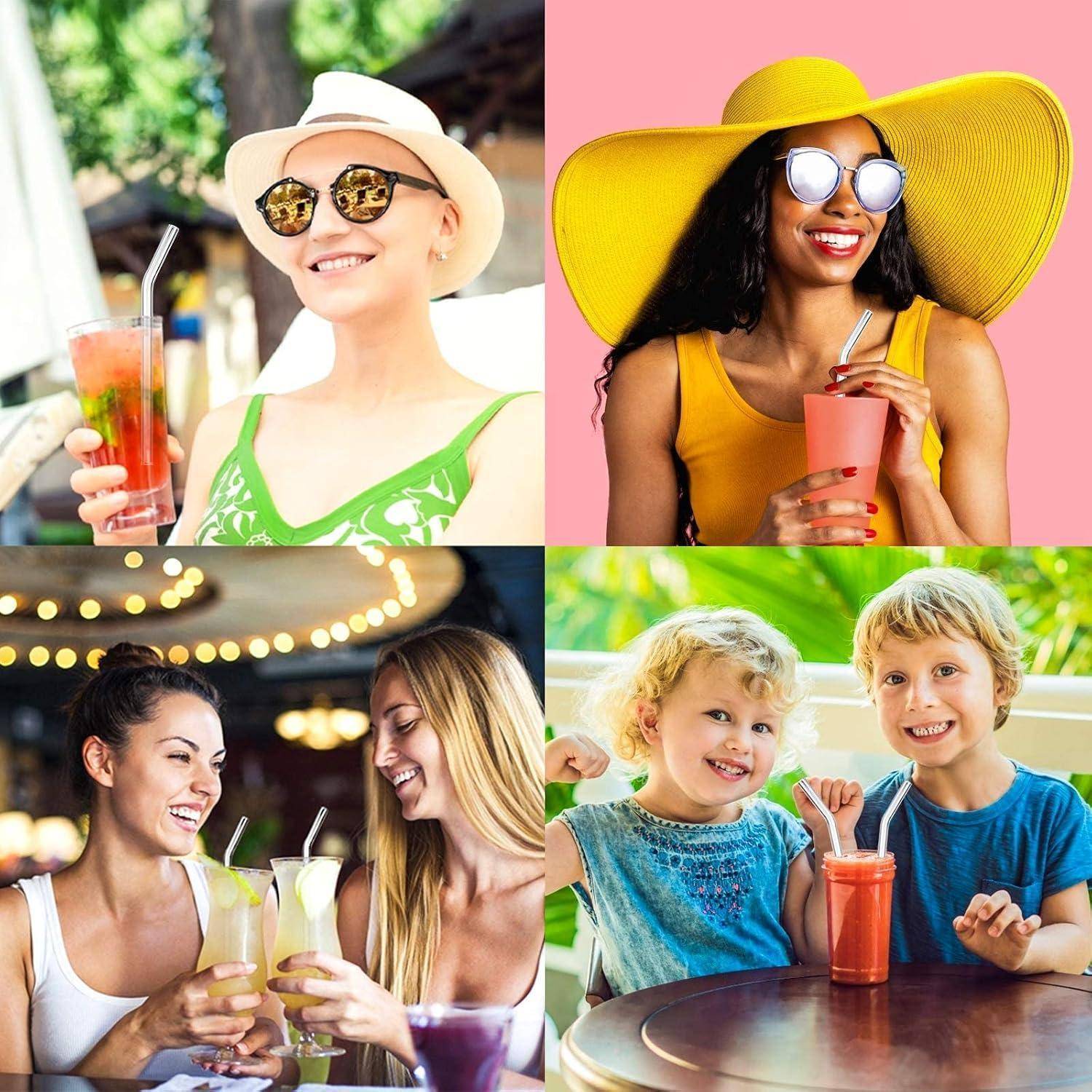 Collage von lächelnden Menschen, die Getränke genießen: zwei Frauen in Sonnenhüten, zwei Frauen, die an einem Tisch anstoßen, und zwei Kinder, die draußen ein rotes Getränk teilen.