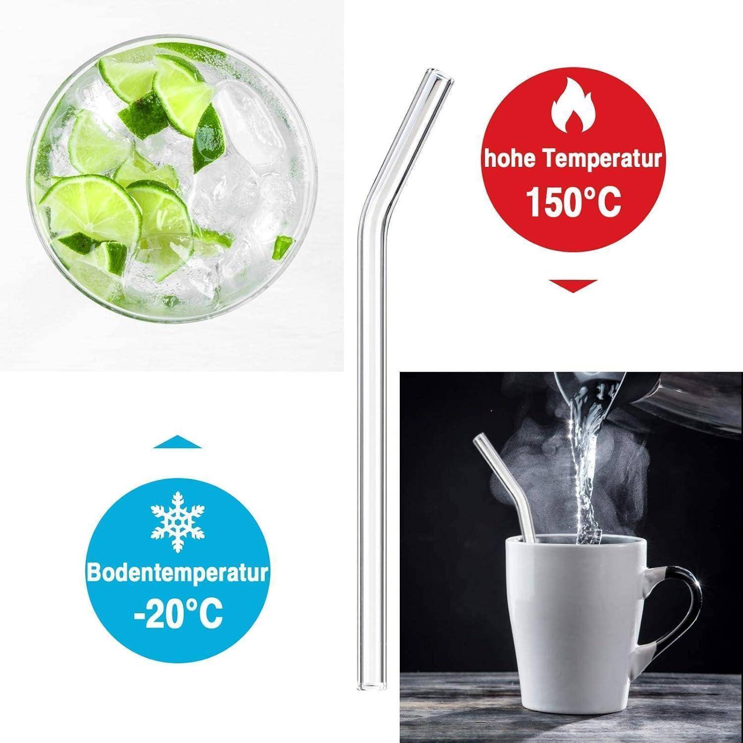 Gebogenes Glasrohr, das als wärmebeständig bis 150°C und kältebeständig bis -20°C gezeigt wird, mit heißer Flüssigkeit, die in eine Tasse gegossen wird, und einem gekühlten Getränk in einem Glas.