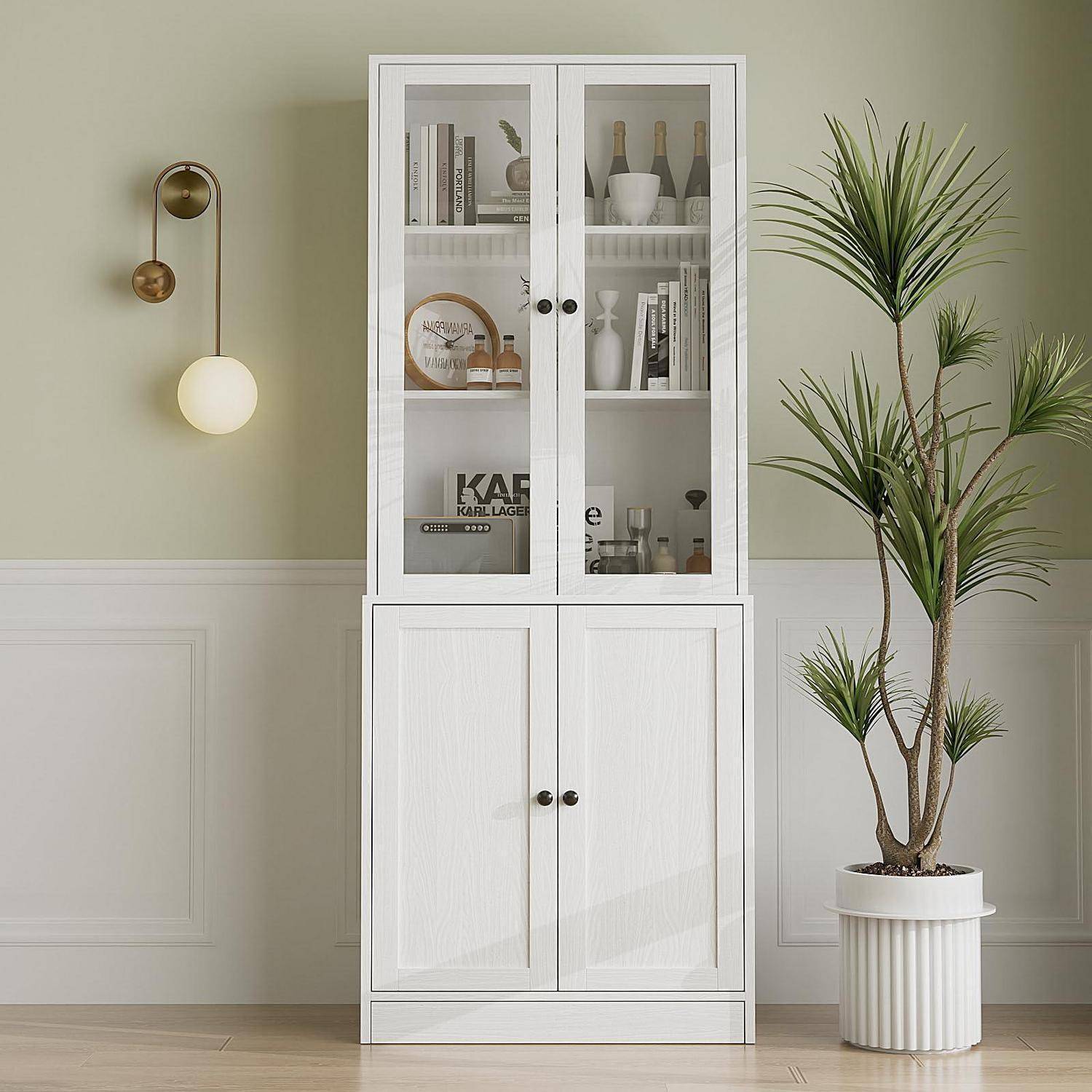 VOWNER 5-stöckiges Bücherregal mit Glastüren, 180 cm Vitrinenschrank, Küchenschränke, Küchenschrank Hochschrank, Buffetschrank für Küche, Wohn