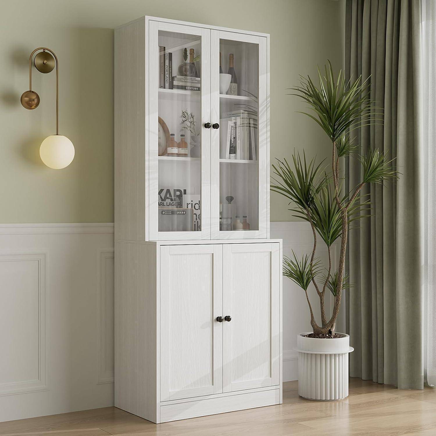 VOWNER 5-stöckiges Bücherregal mit Glastüren, 180 cm Vitrinenschrank, Küchenschränke, Küchenschrank Hochschrank, Buffetschrank für Küche, Wohn