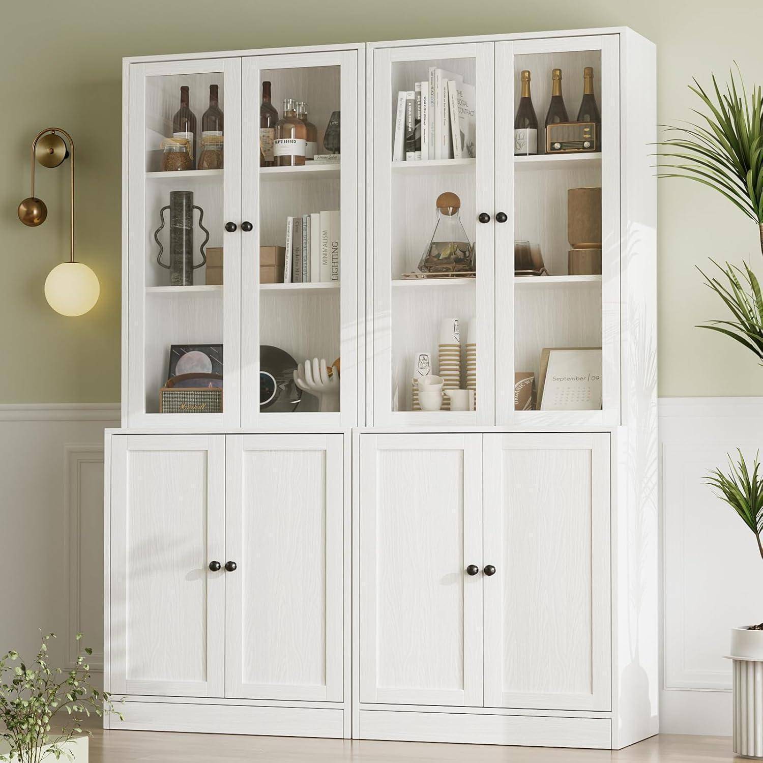 VOWNER 5-stöckiges Bücherregal mit Glastüren, 180 cm Vitrinenschrank, Küchenschränke, Küchenschrank Hochschrank, Buffetschrank für Küche, Wohn