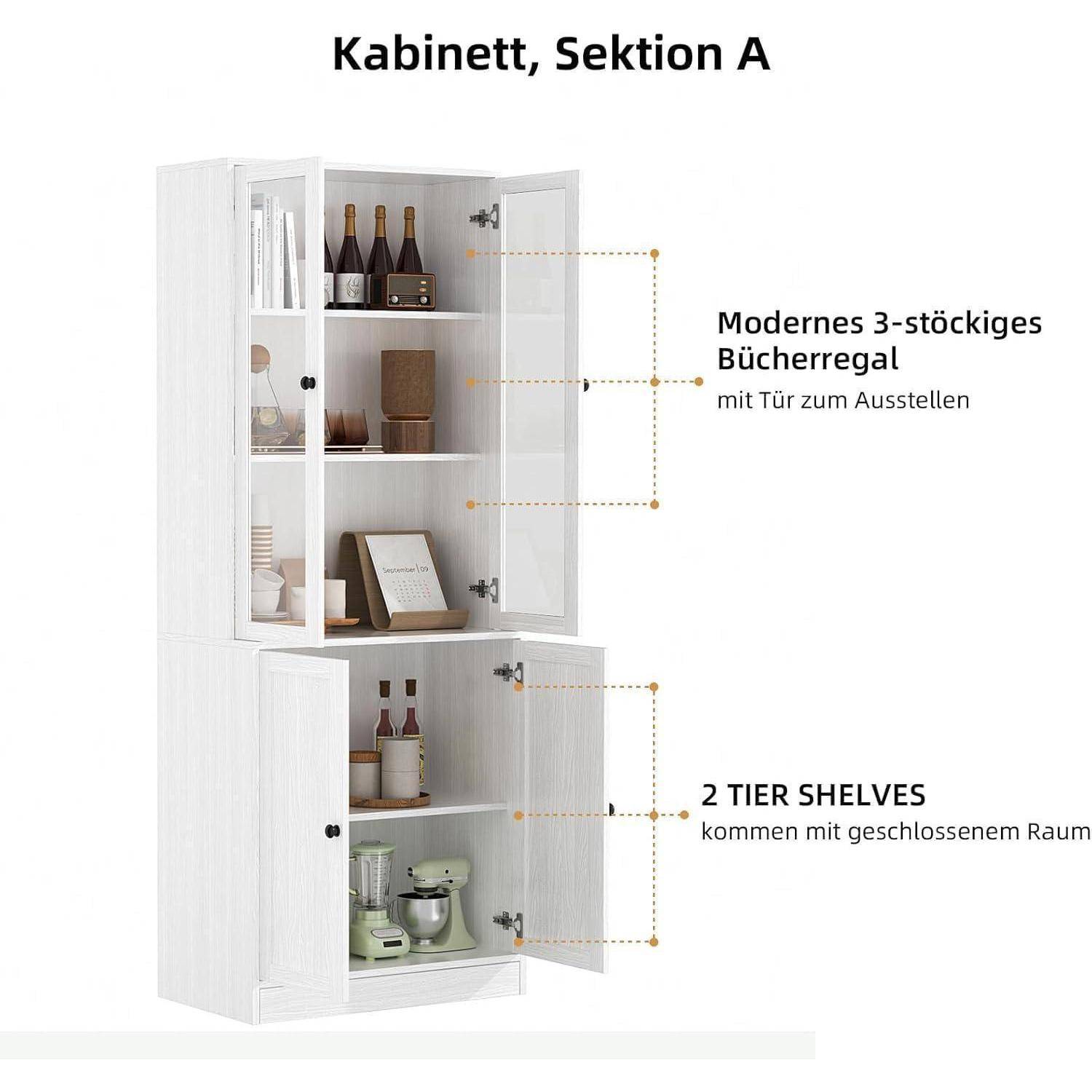 VOWNER 5-stöckiges Bücherregal mit Glastüren, 180 cm Vitrinenschrank, Küchenschränke, Küchenschrank Hochschrank, Buffetschrank für Küche, Wohn