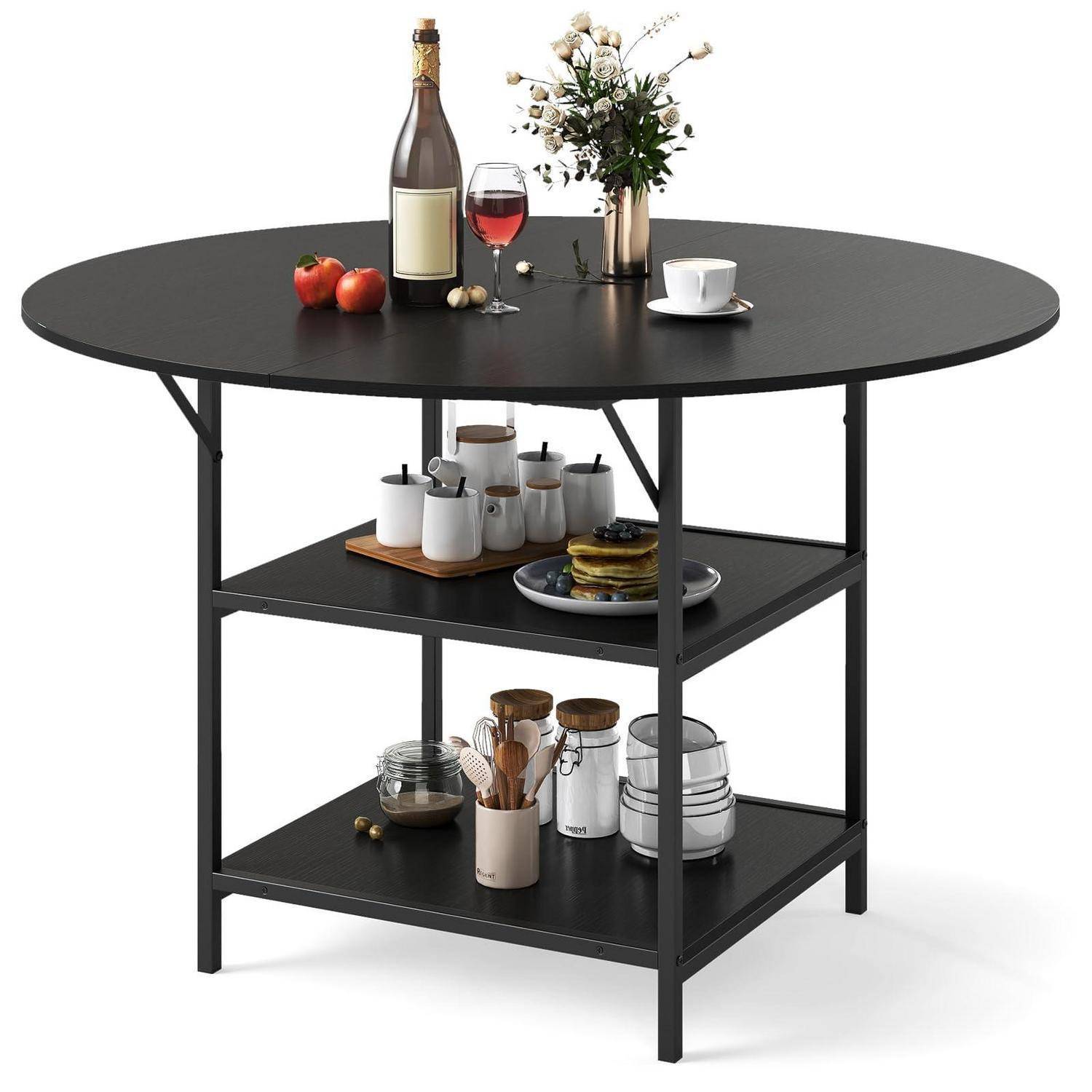 Schwarzer runder Küchentisch mit unteren Regalen, gestylt mit Weinflasche, Glas, Blumen, Kaffeetasse und Tischbesteck auf weißem Hintergrund.