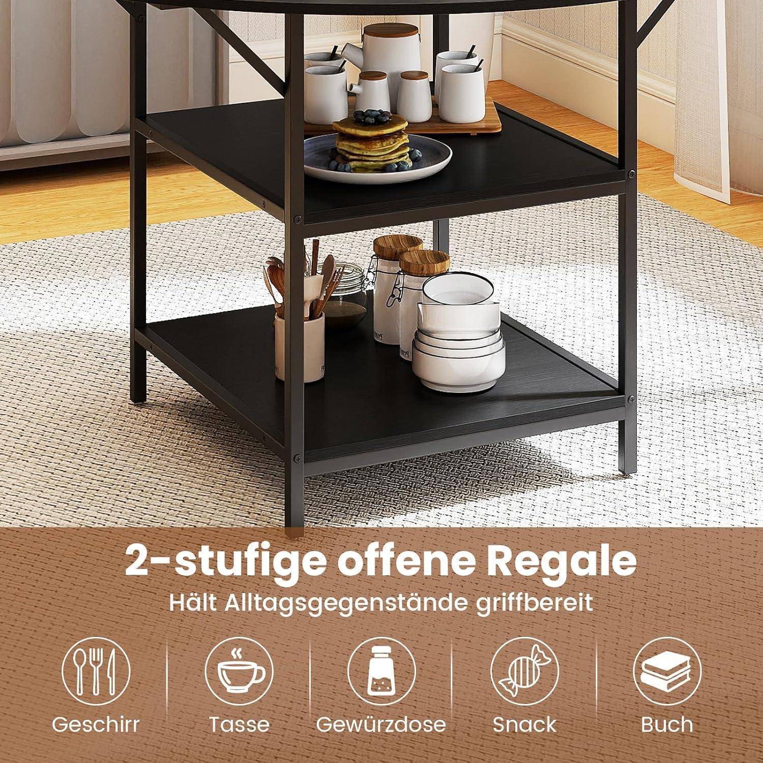 Schwarzer 2-stufiger offener Regaltisch zum Halten von Tellern, Tassen, Gläsern und Snacks; Text unten sagt „2-stufige offene Regale