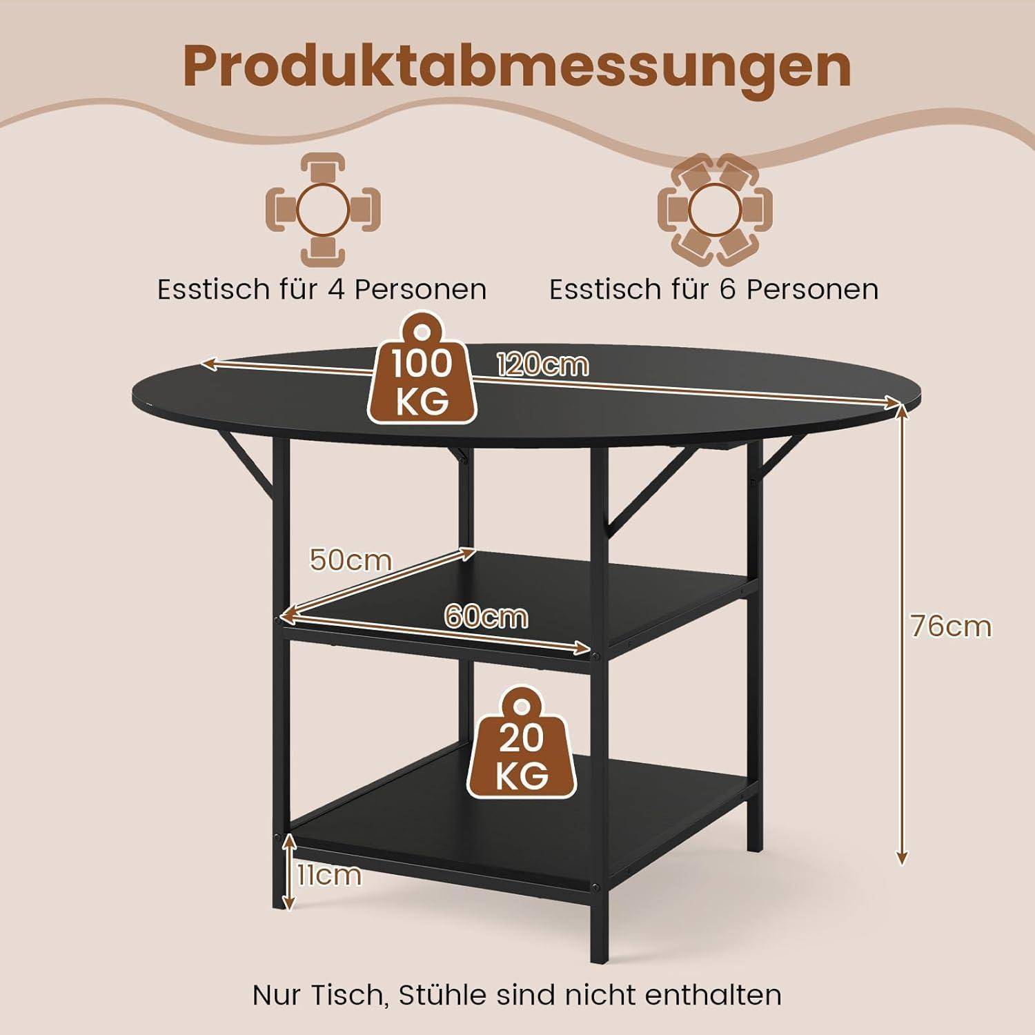 Deutsches Produktgrößen-Diagramm eines schwarzen Esstisches mit Regalen: 120 cm lang, 76 cm hoch, 60 cm mittleres Regal, 50 cm Tiefe, Tischplatte trägt 100 kg und Regal 20 kg; Platz für 4 bis 6 Personen.