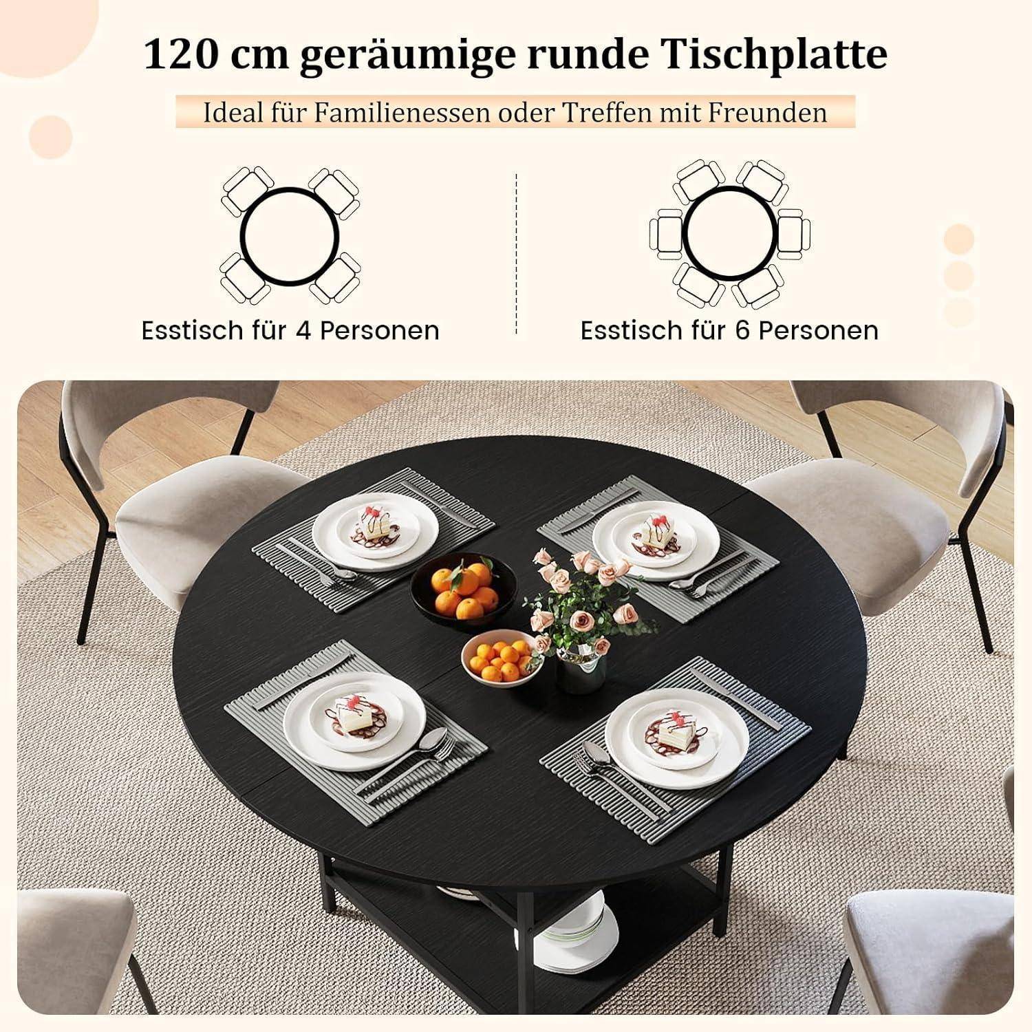 Werbegrafik für einen runden Esstisch mit 120 cm Durchmesser, die Bestuhlung für 4 oder 6 Personen zeigt und ein Esszimmerfoto mit für vier Personen eingedecktem Tisch.