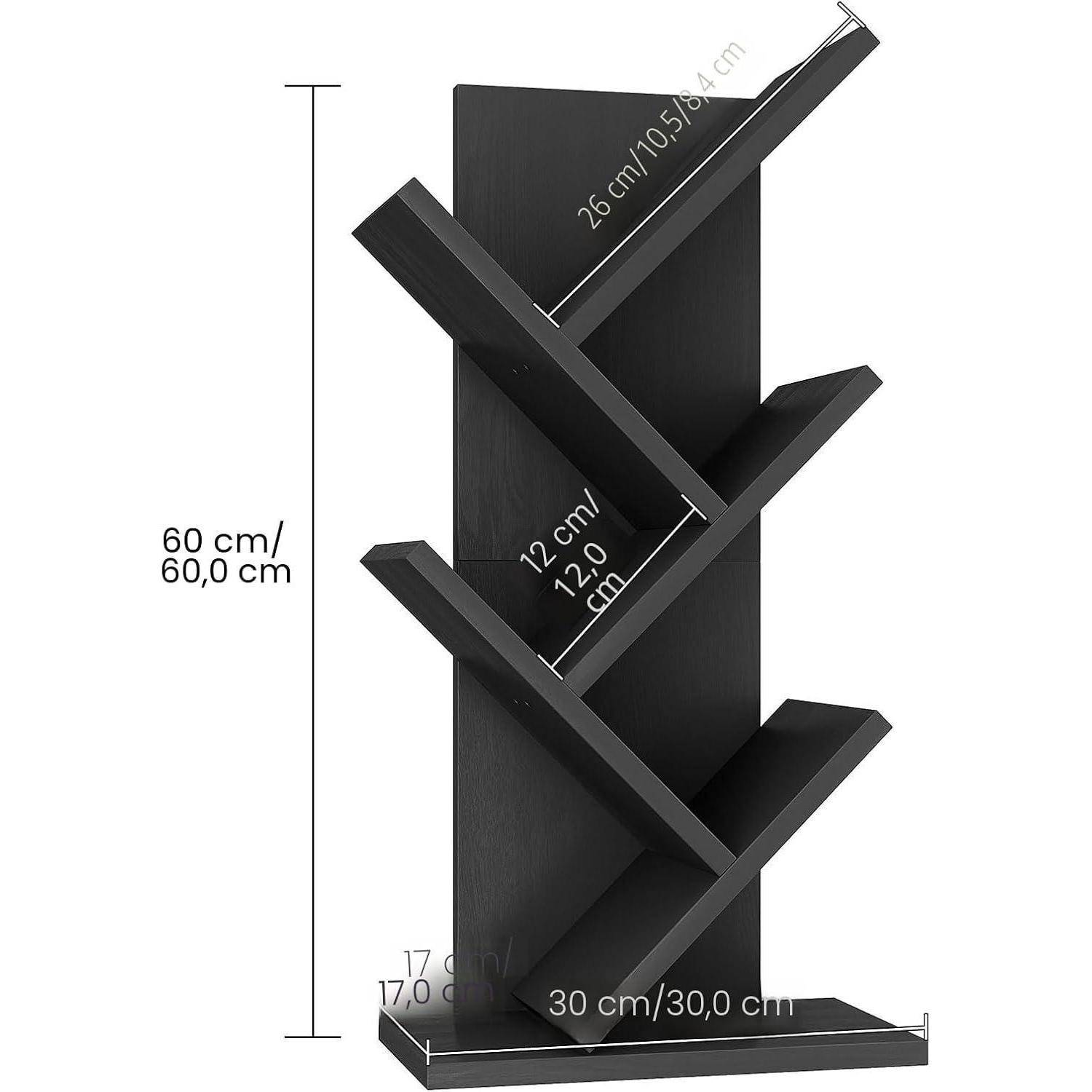 Schwarzes an der Wand montiertes Zickzack-Bücherregal mit 60 cm Höhe, 30 cm Breite und Regalen mit einer Tiefe von 26 cm, 17 cm und 12 cm