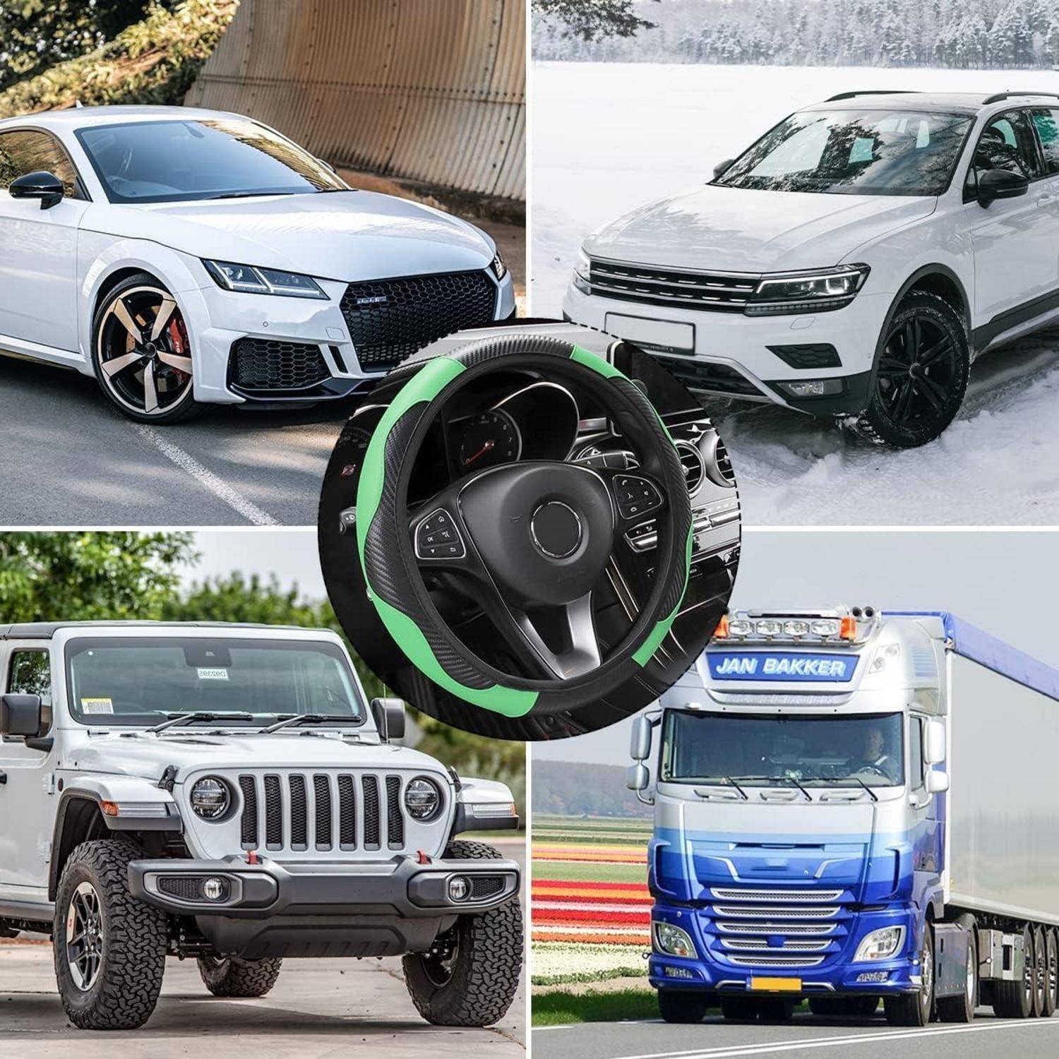 Collage aus vier Fahrzeugen – weißer Sportwagen, weißer SUV im Schnee, silberner Jeep und blauer Sattelschlepper – mit einem maßgeschneiderten grün akzentuierten Lenkrad in der Mitte.